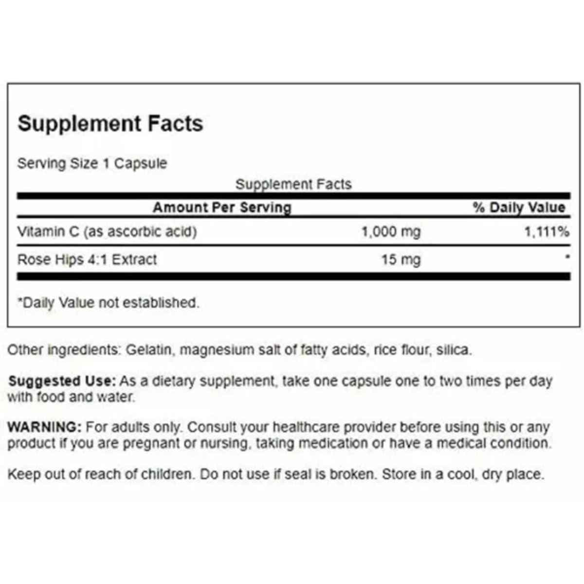 Tabla nutricional del suplemento Swanson Vitamina C con Rosa Mosqueta 90 cápsulas