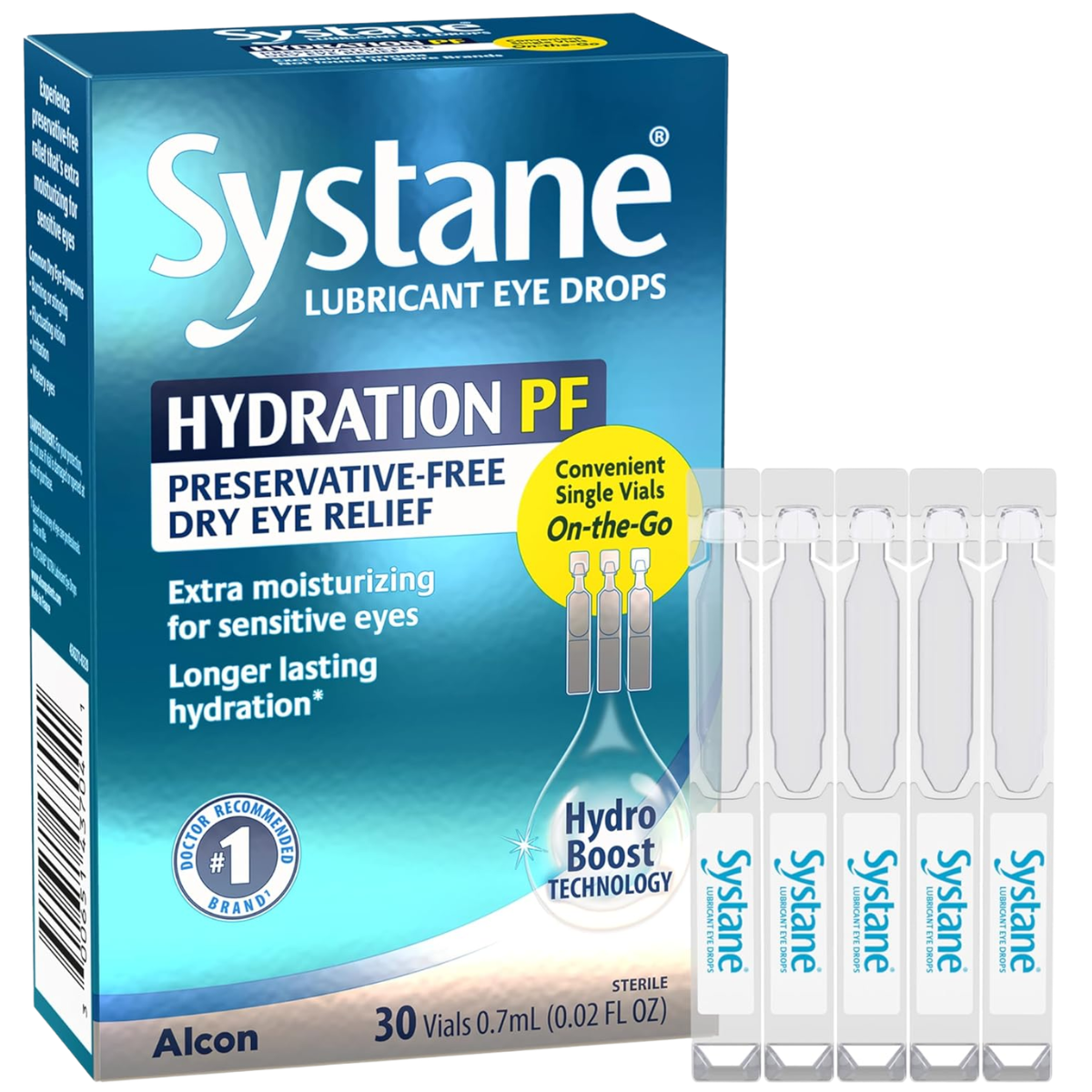 Empaque frontal de Systane Hydration PF gotas lubricantes para ojos, 30 envases unidosis
