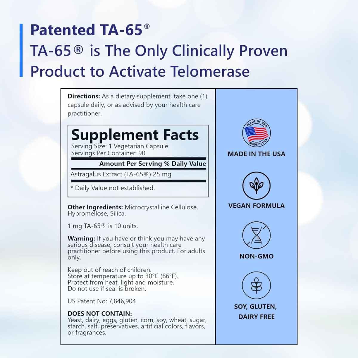 Etiqueta de T.A. Sciences TA-65 MD 250 units con tabla del suplemento