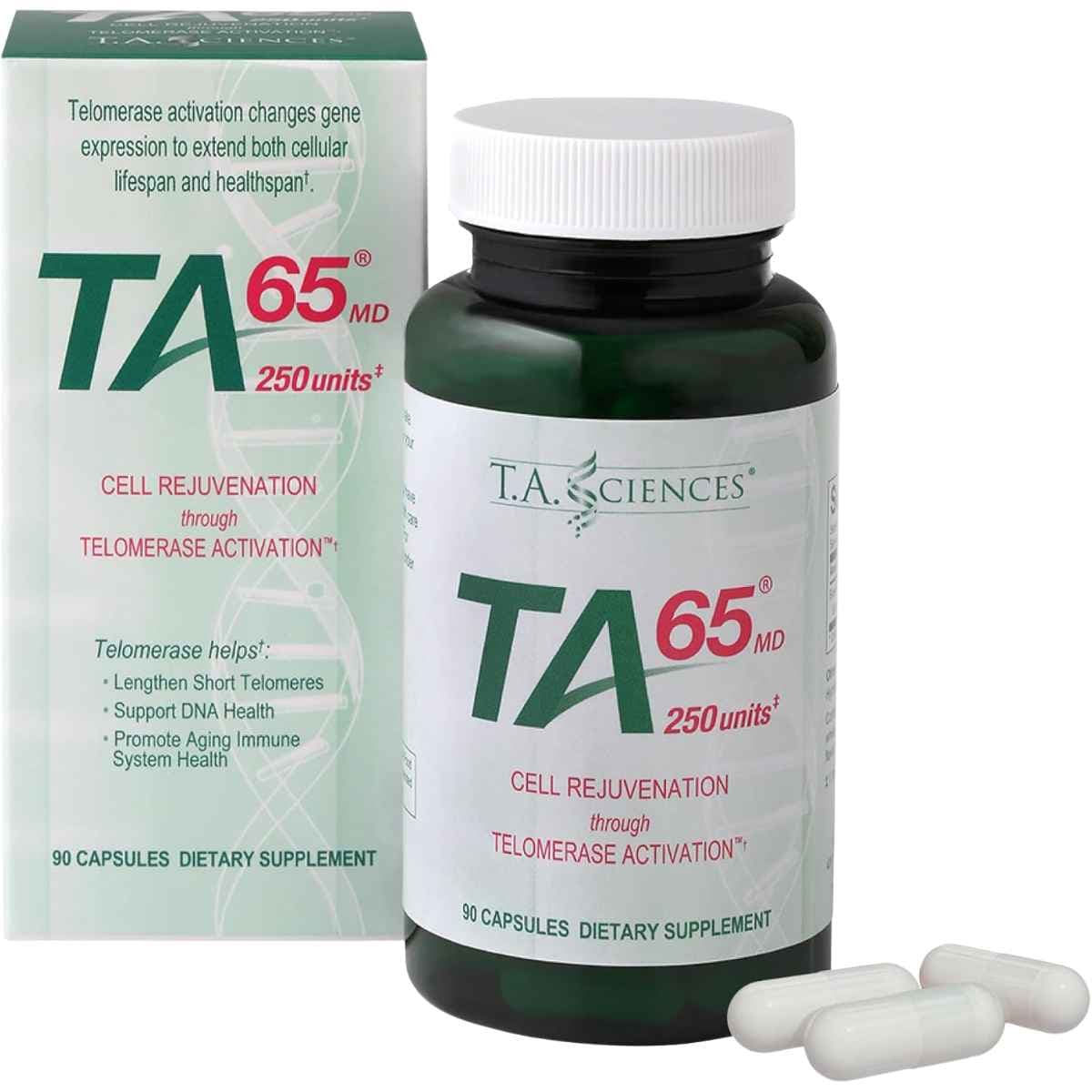 Caja y frasco de T.A. Sciences TA-65 MD 250 units de 90 cápsulas