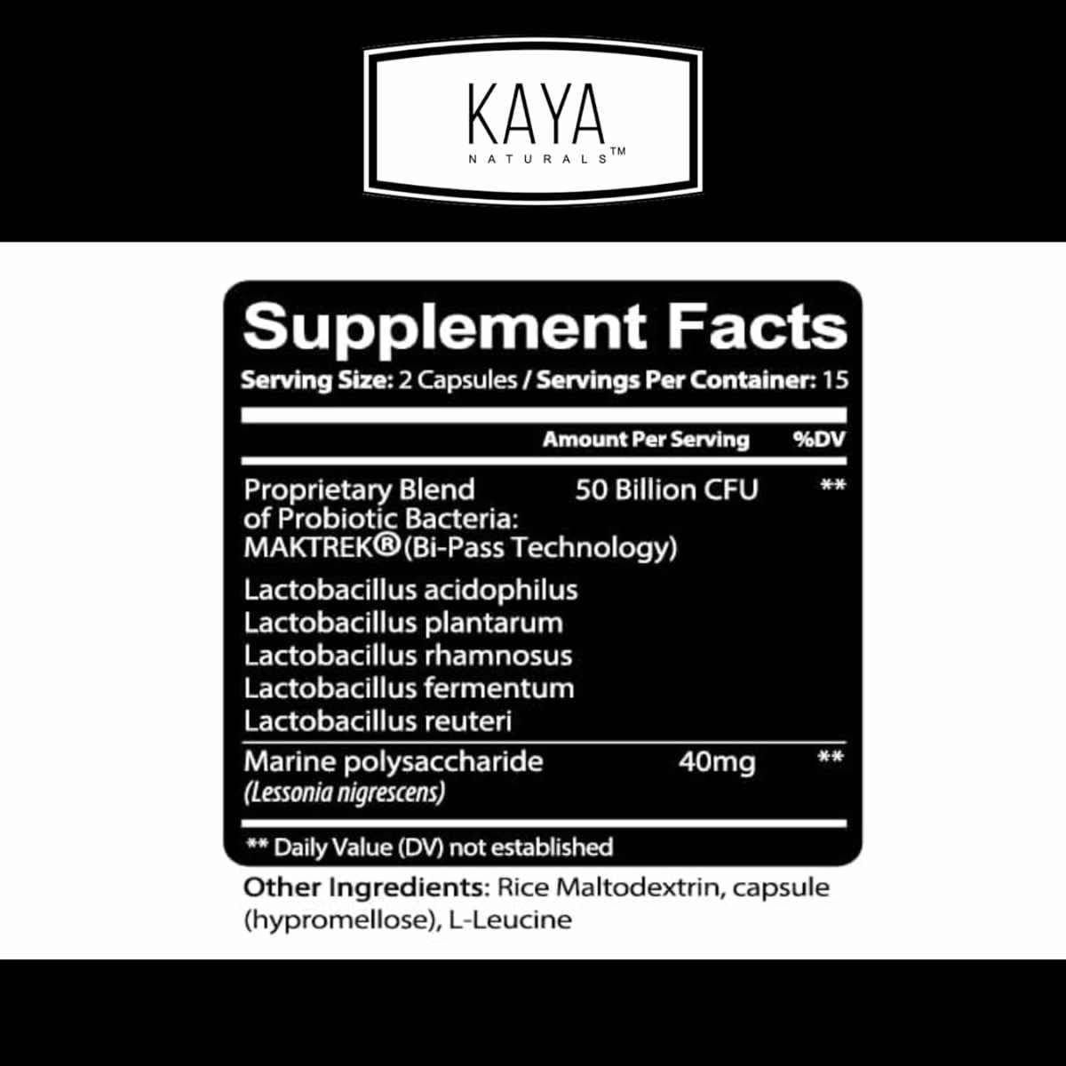 Cepas y nutrientes del Probiótico Kaya Naturals 50 Mil Millones - 15 Porciones