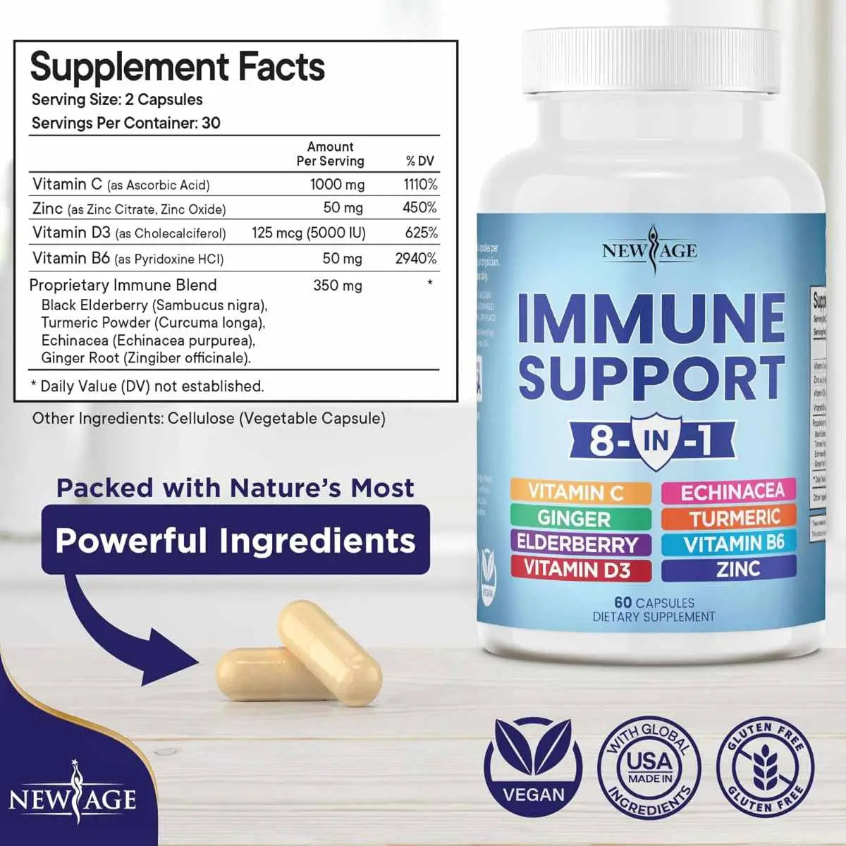 New Age Suplemento Apoyo Inmunológico 8 en 1 con Vitaminas y Minerales - 60 Cápsulas, 30 Porciones - Tabla Nutricional - Haz Tu Pedido.