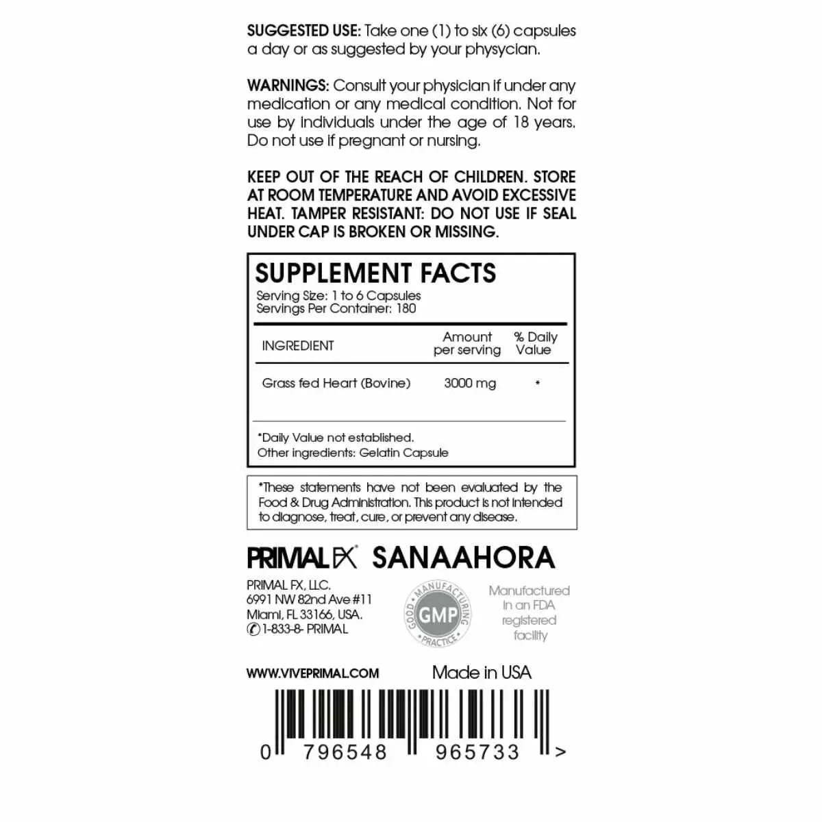 Información nutricional de PrimalFX Heart - Ingredientes y porciones de 180 cápsulas para fortalecer el corazón.