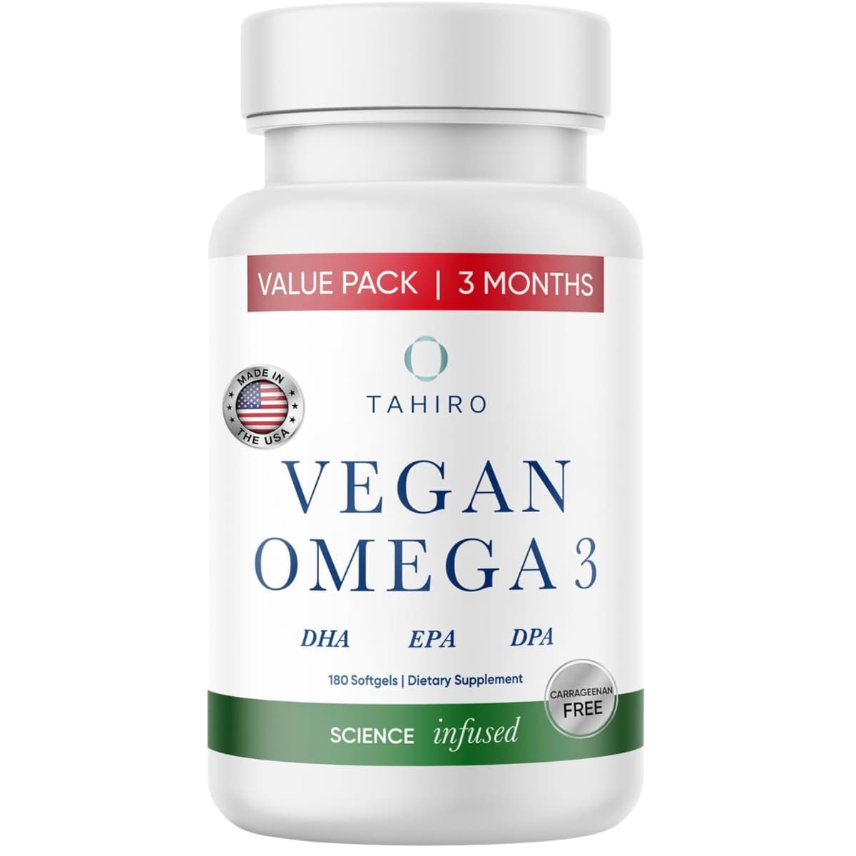 Frasco de suplemento Tahiro Omega 3 Vegano 180 cápsulas