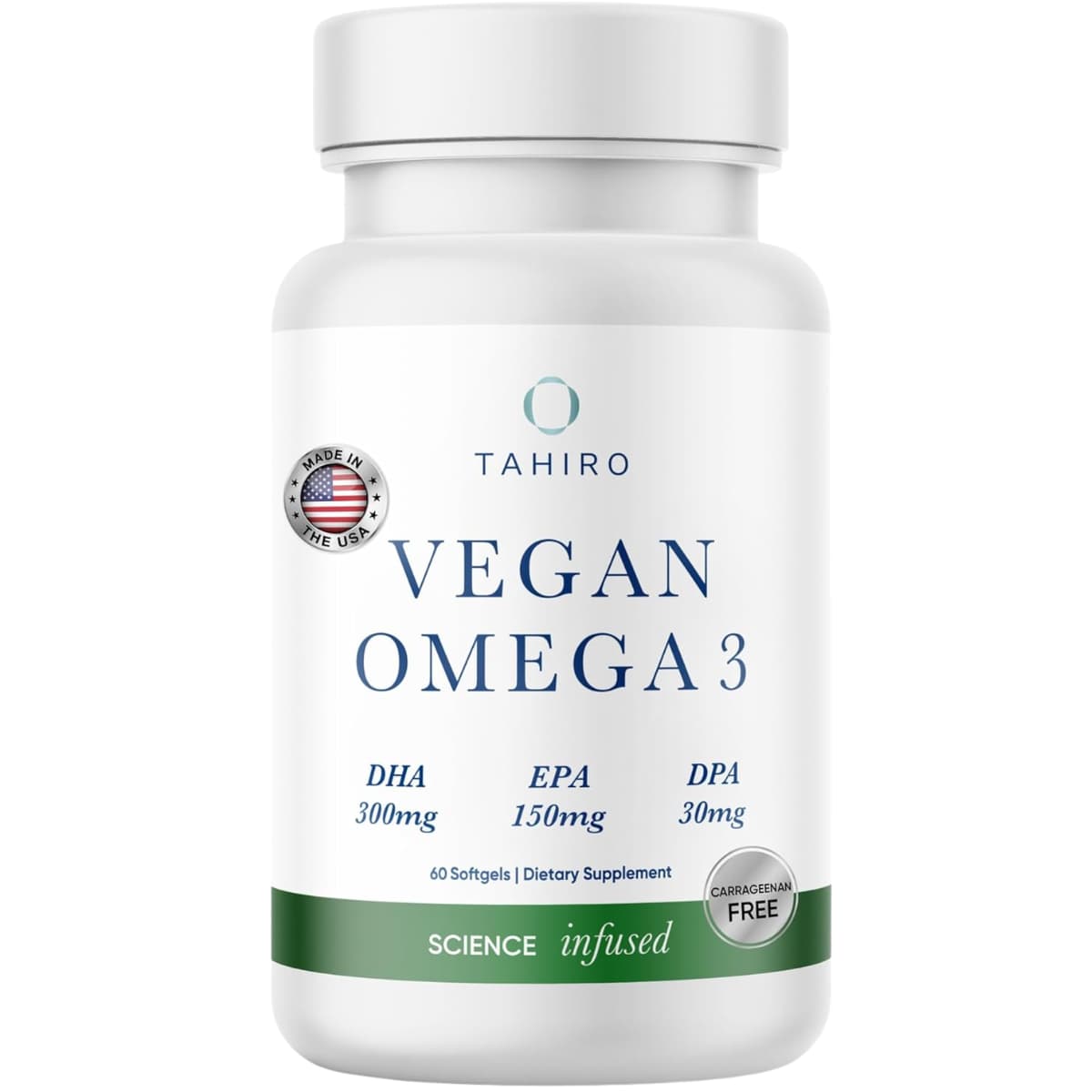 Frasco de suplemento Tahiro Omega 3 Vegano 60 cápsulas