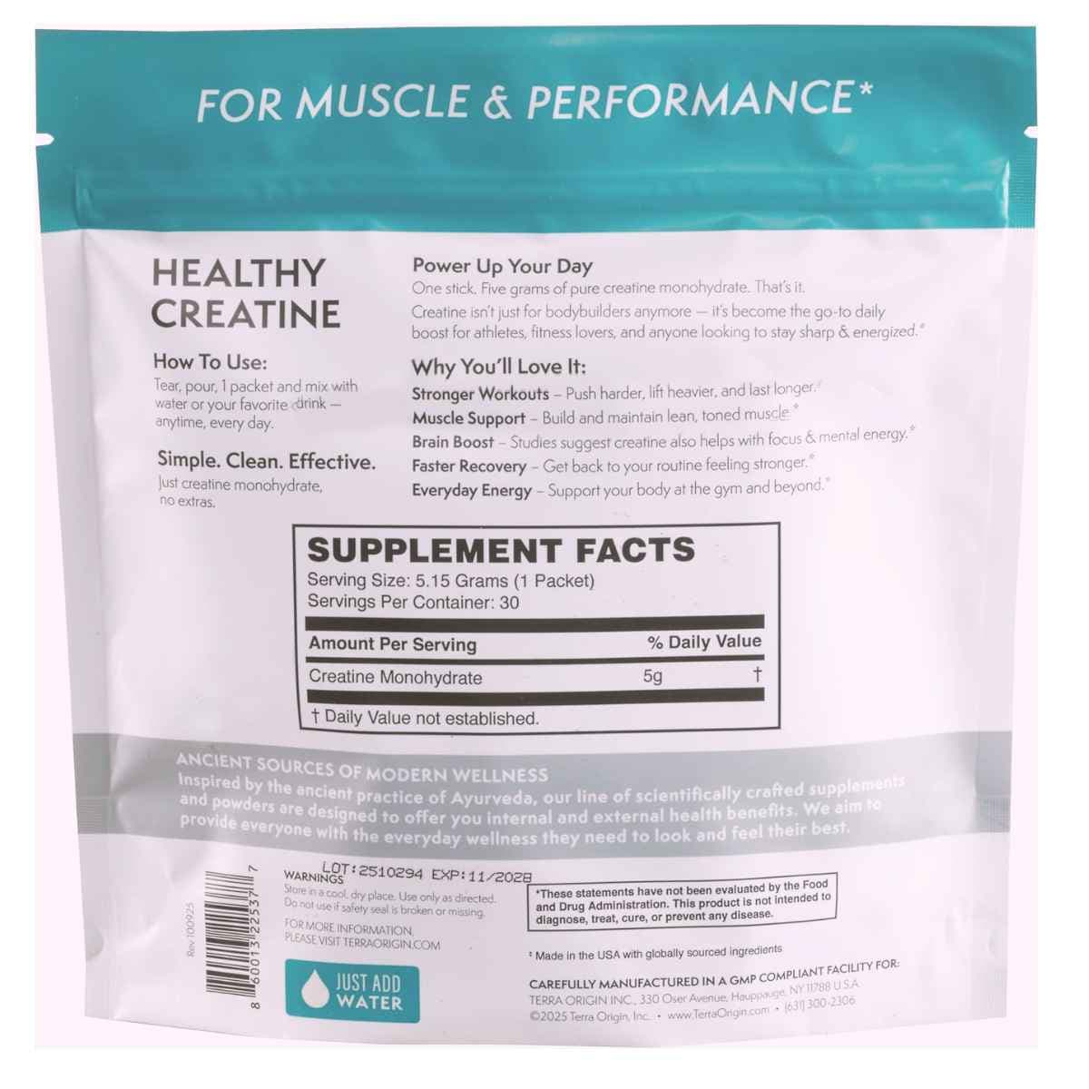 Tabla nutricional Terra Origin Creatina 30 servicios