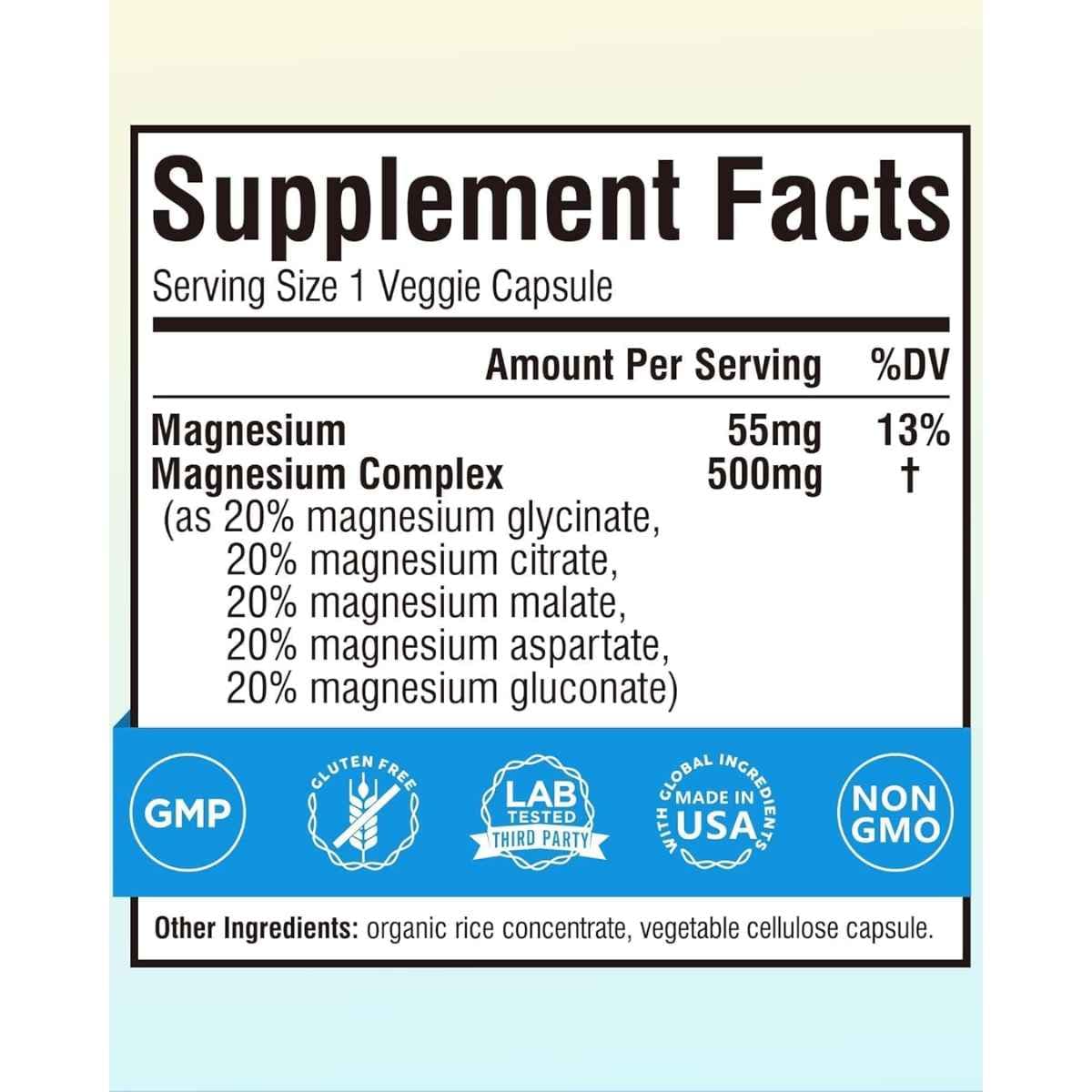 Tabla nutricional del suplemento Terranics Complejo de Magnesio 120 cápsulas vegetales