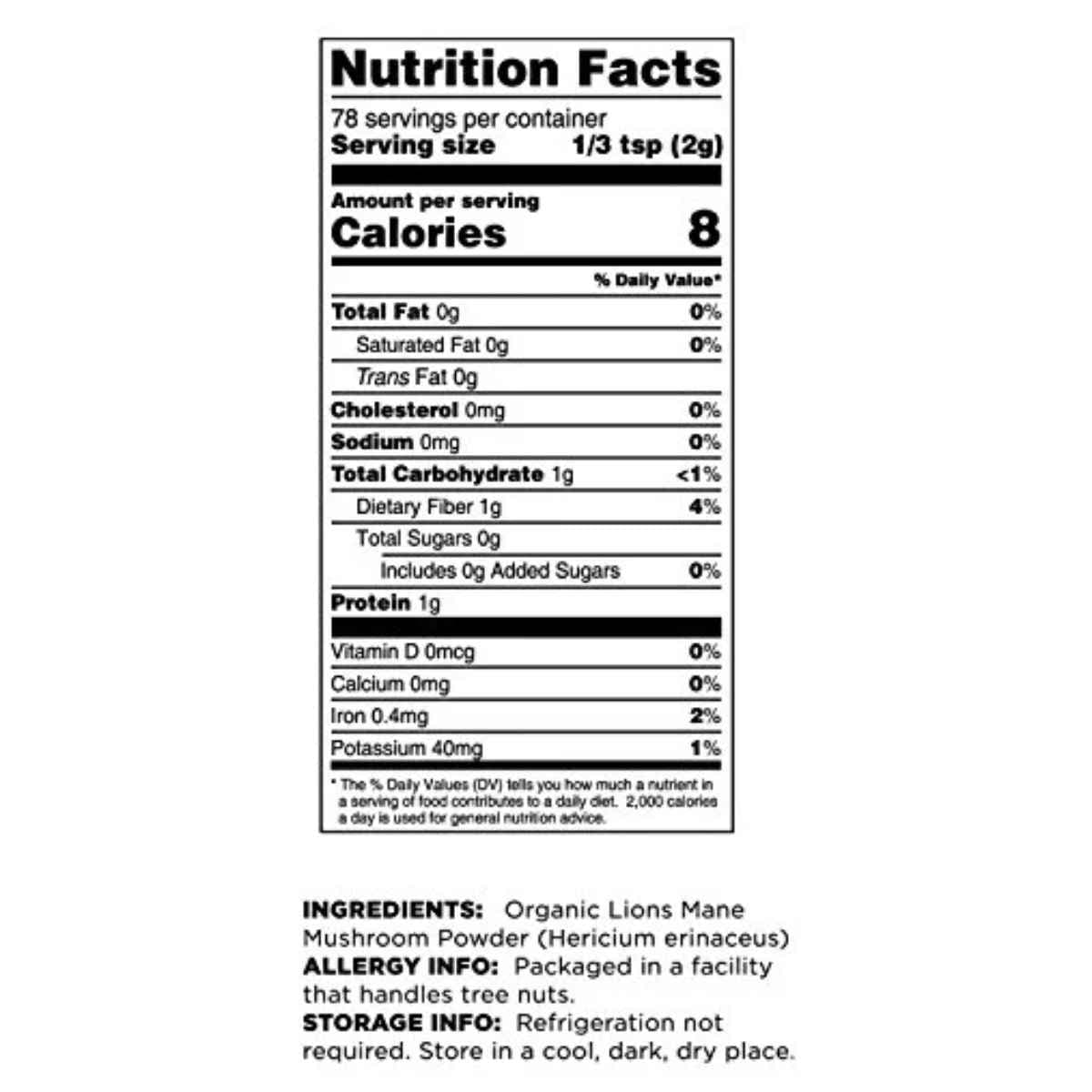 Tabla nutricional del suplemento Terrasoul Superfoods Melena de León Extracto 4:1 polvo 156 g