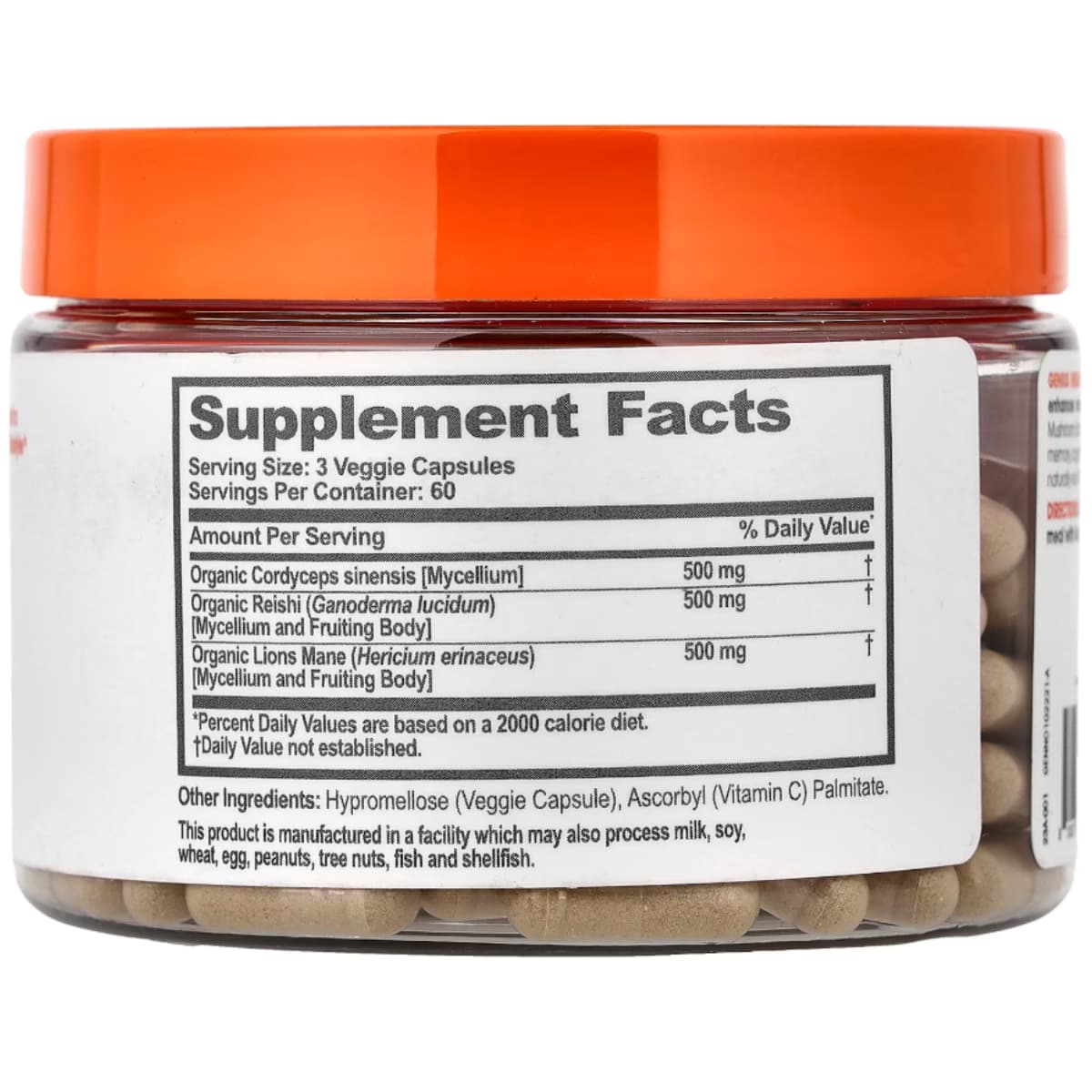 Tabla nutricional del suplemento The Genius Brand Genius Mushrooms Complejo de Hongos 180 cápsulas