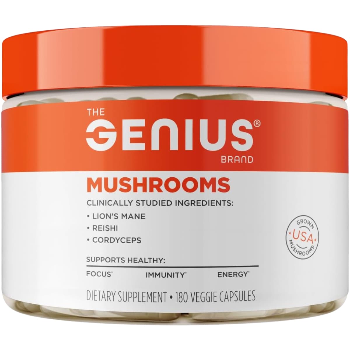 Frasco de suplemento The Genius Brand Genius Mushrooms Complejo de Hongos 180 cápsulas