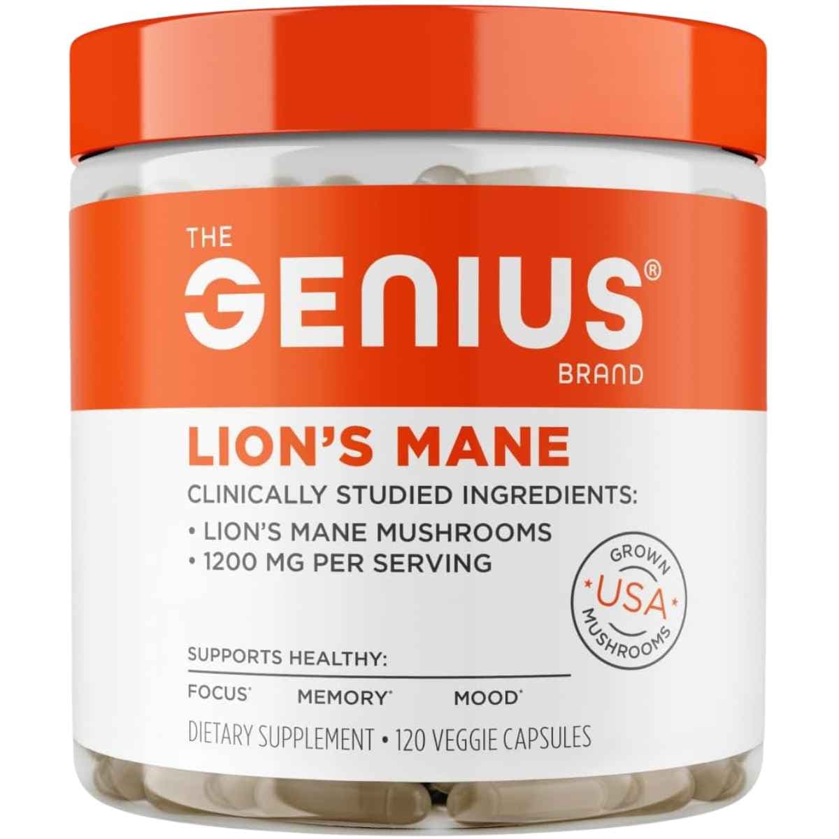 Frasco de suplemento The Genius Brand Hongo Melena de León 120 Cápsulas Vegetales