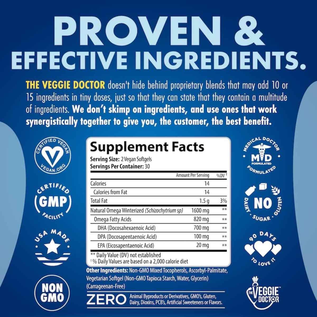 Información del suplemento de The Veggie Doctor QWELL omega 3 de algas, presentación de 60 cápsulas blandas