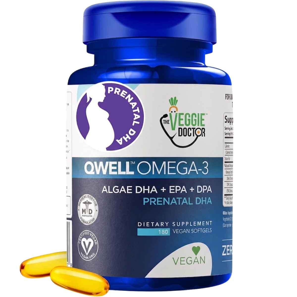 Frasco de The Veggie Doctor QWELL omega 3 prenatal de 180 cápsulas blandas veganas