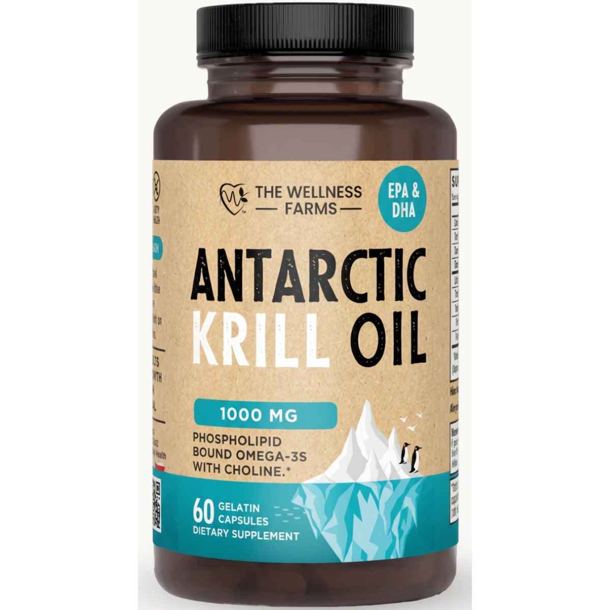 Frasco frontal de The Wellness Farms aceite de krill antártico, presentación de 60 cápsulas blandas.