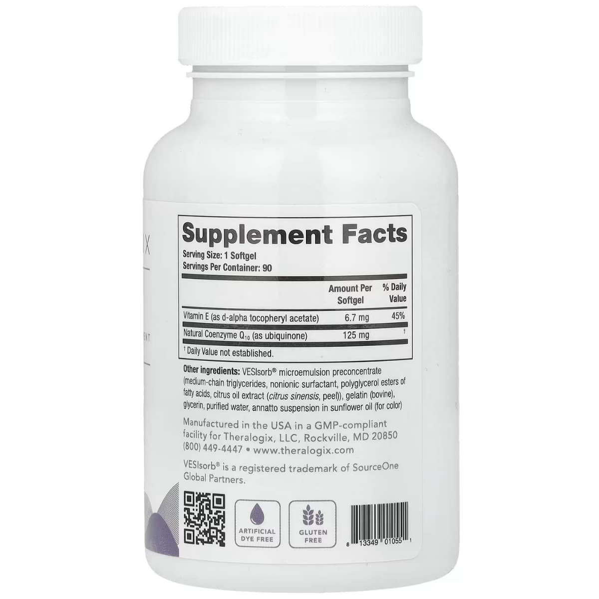 Tabla nutricional del suplemento Theralogix Coenzima Q10 NeoQ10 90 cápsulas blandas