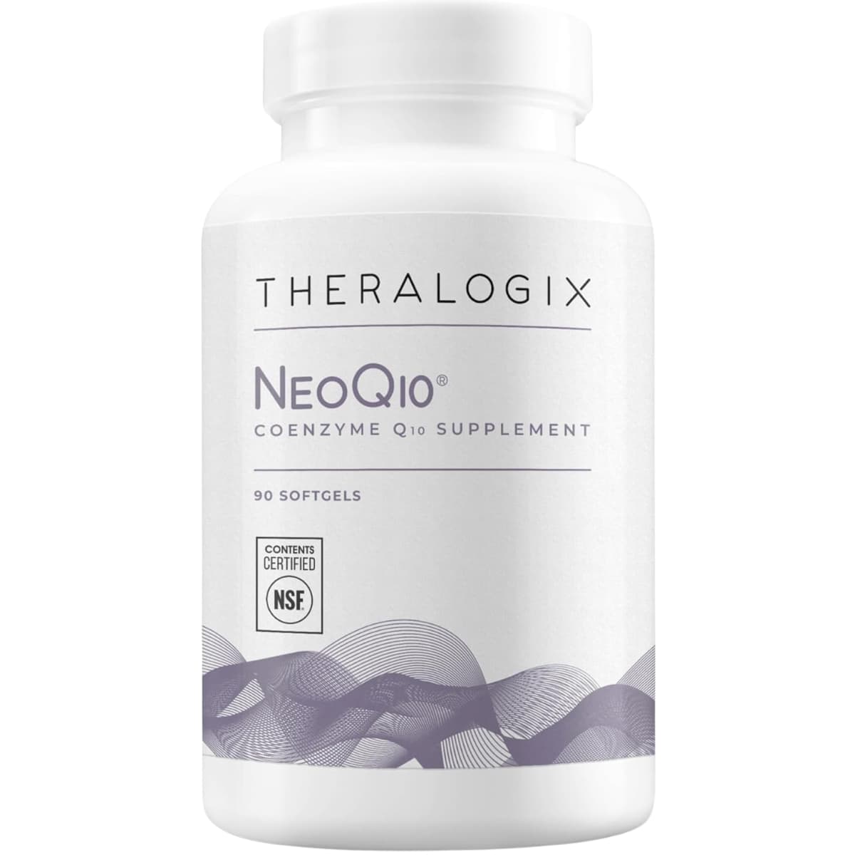 Frasco de suplemento Theralogix Coenzima Q10 NeoQ10 90 cápsulas blandas