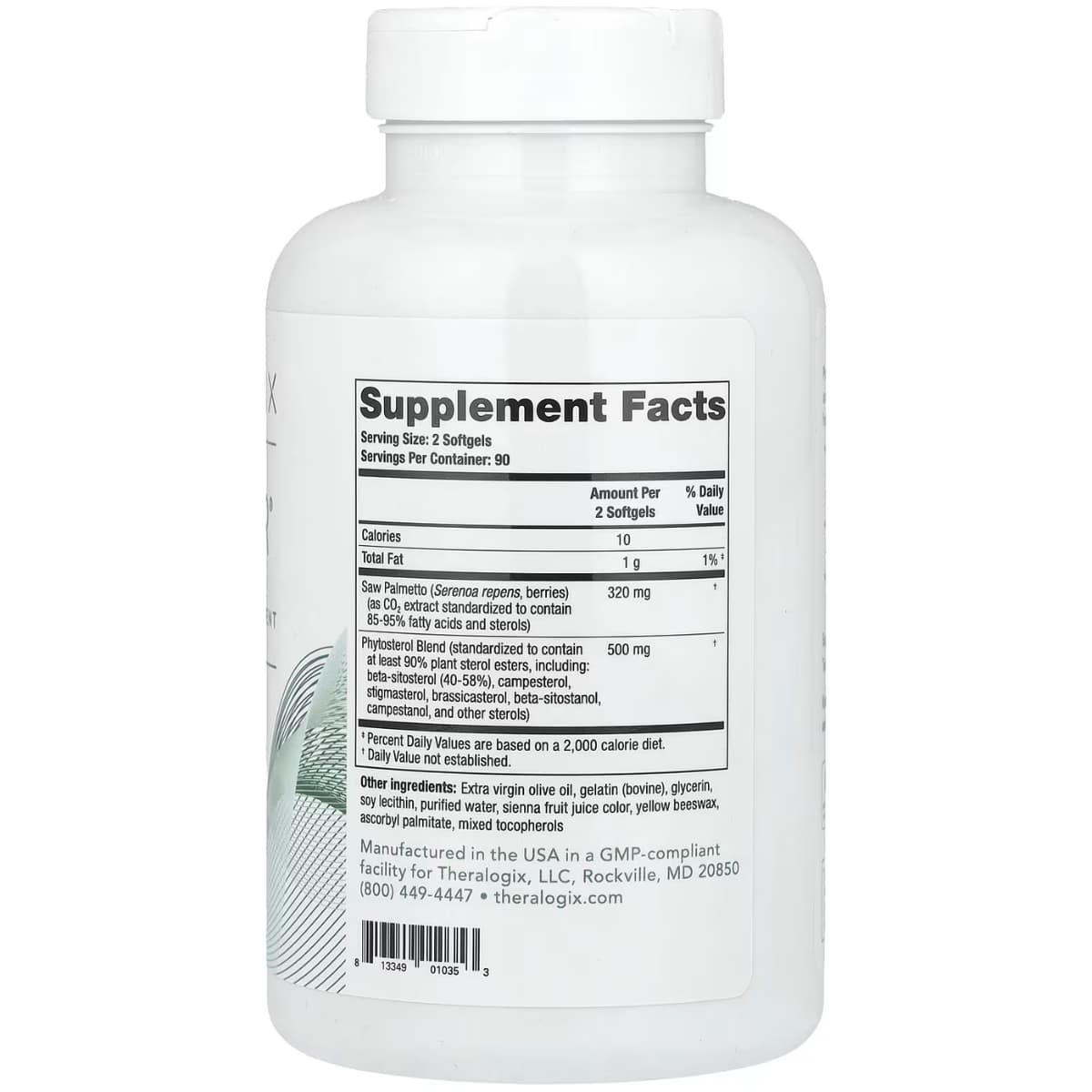 Tabla nutricional del suplemento Theralogix Soporte Masculino SR Saw Palmetto y Fitoesteroles 180 cápsulas blandas