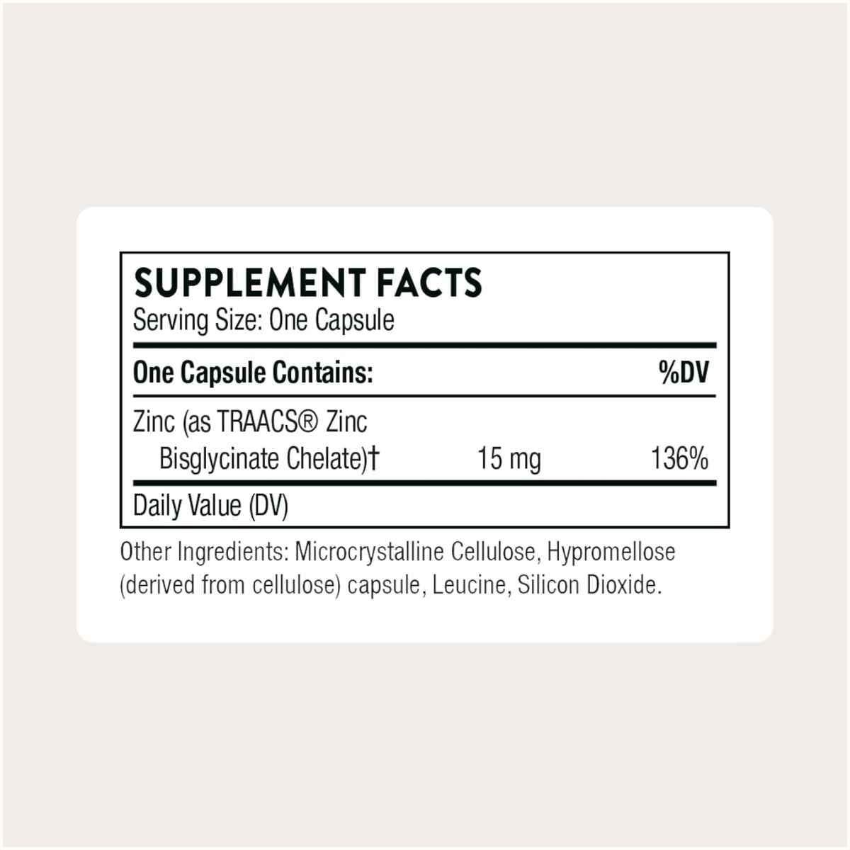 Tabla nutricional del suplemento THORNE Bisglicinato de Zinc 15 mg 60 cápsulas