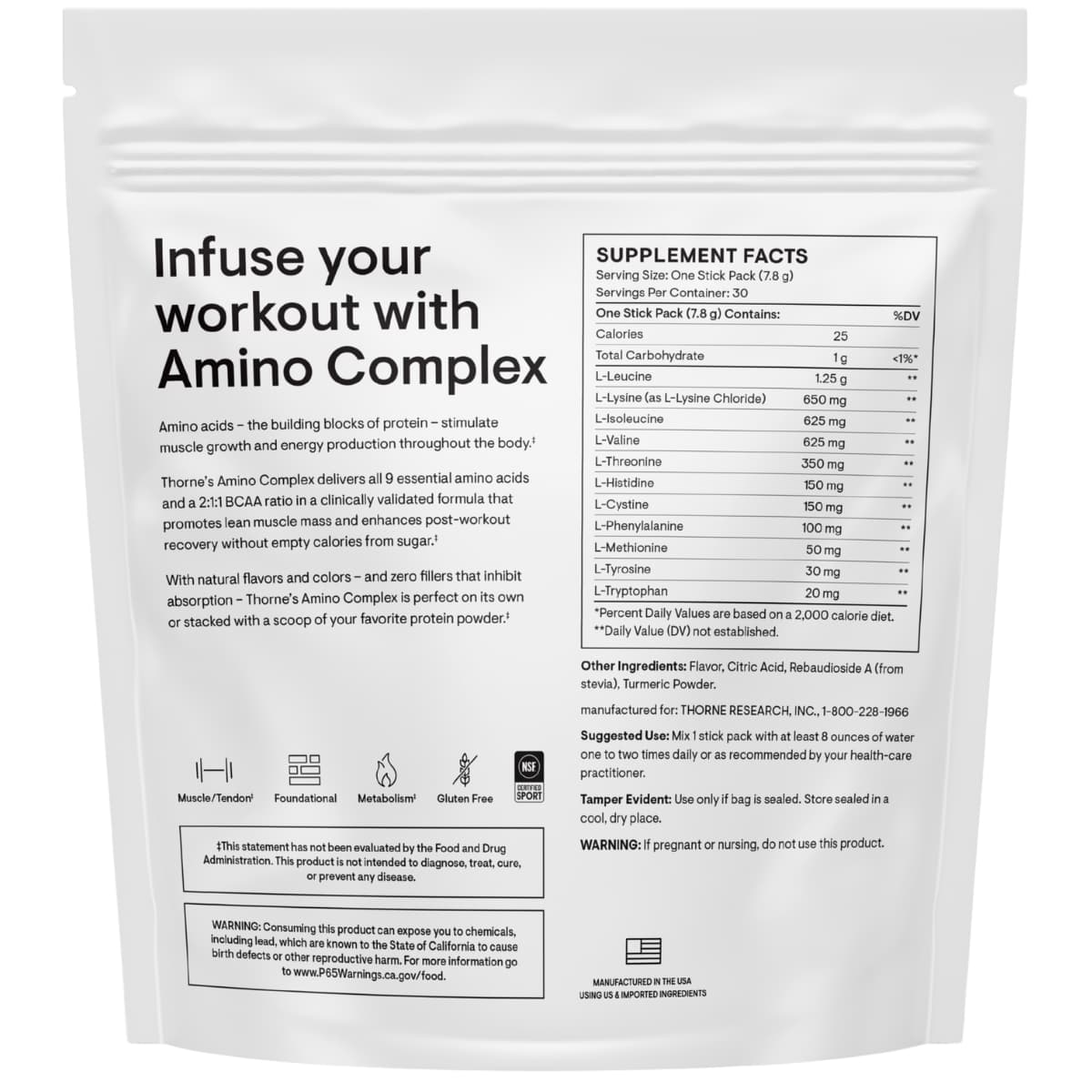 abla nutricional del suplemento Thorne Complejo de Aminoácidos sabor limón 30 paquetes polvo