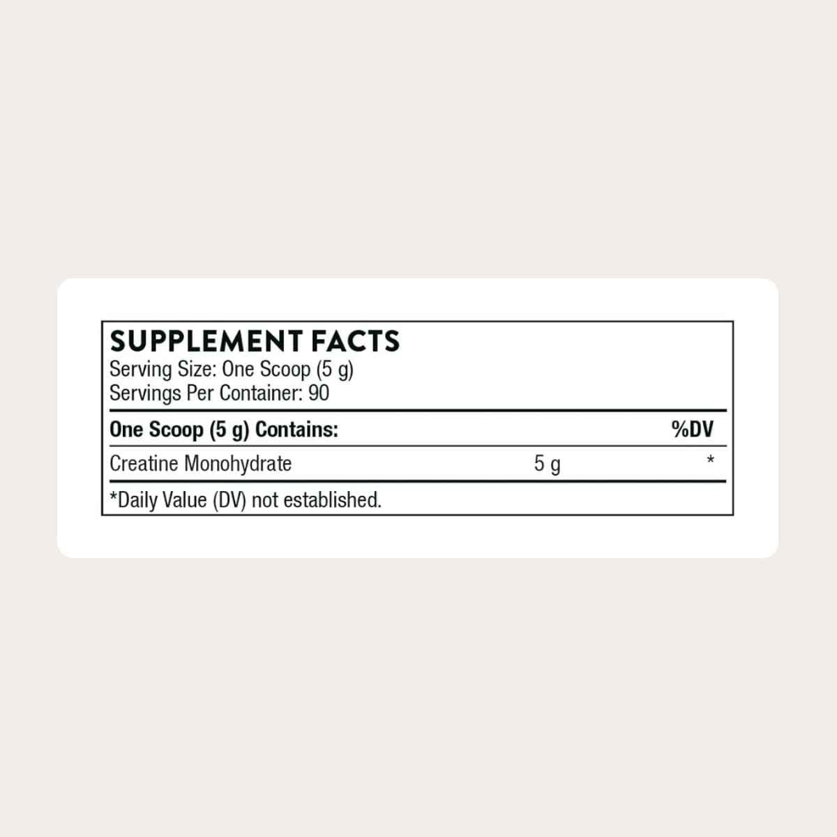 Tabla nutricional del suplemento Thorne Creatina Monohidratada 450 g Polvo