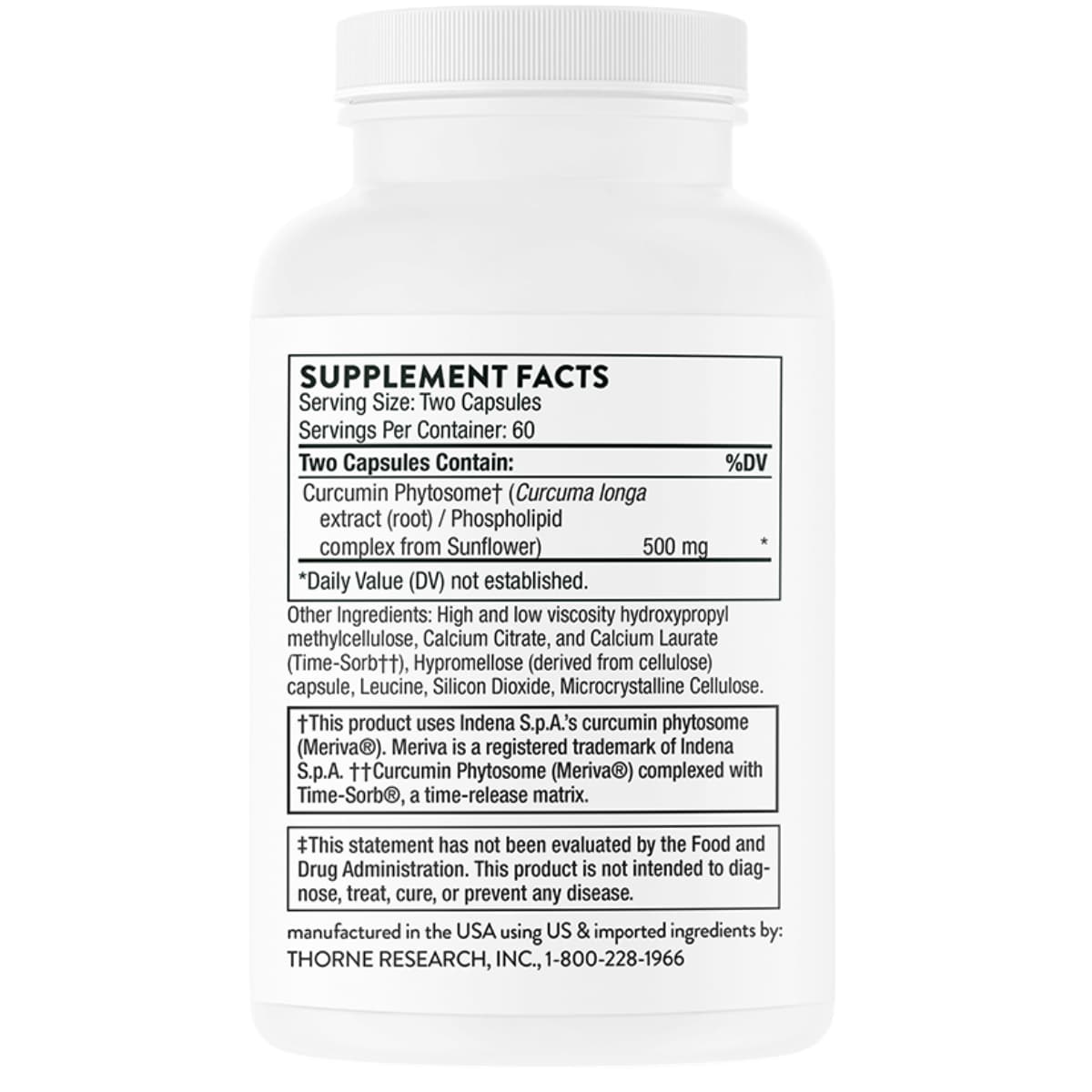 Tabla nutricional del suplemento Thorne Fitosoma de Curcumina 1000 mg 120 cápsulas