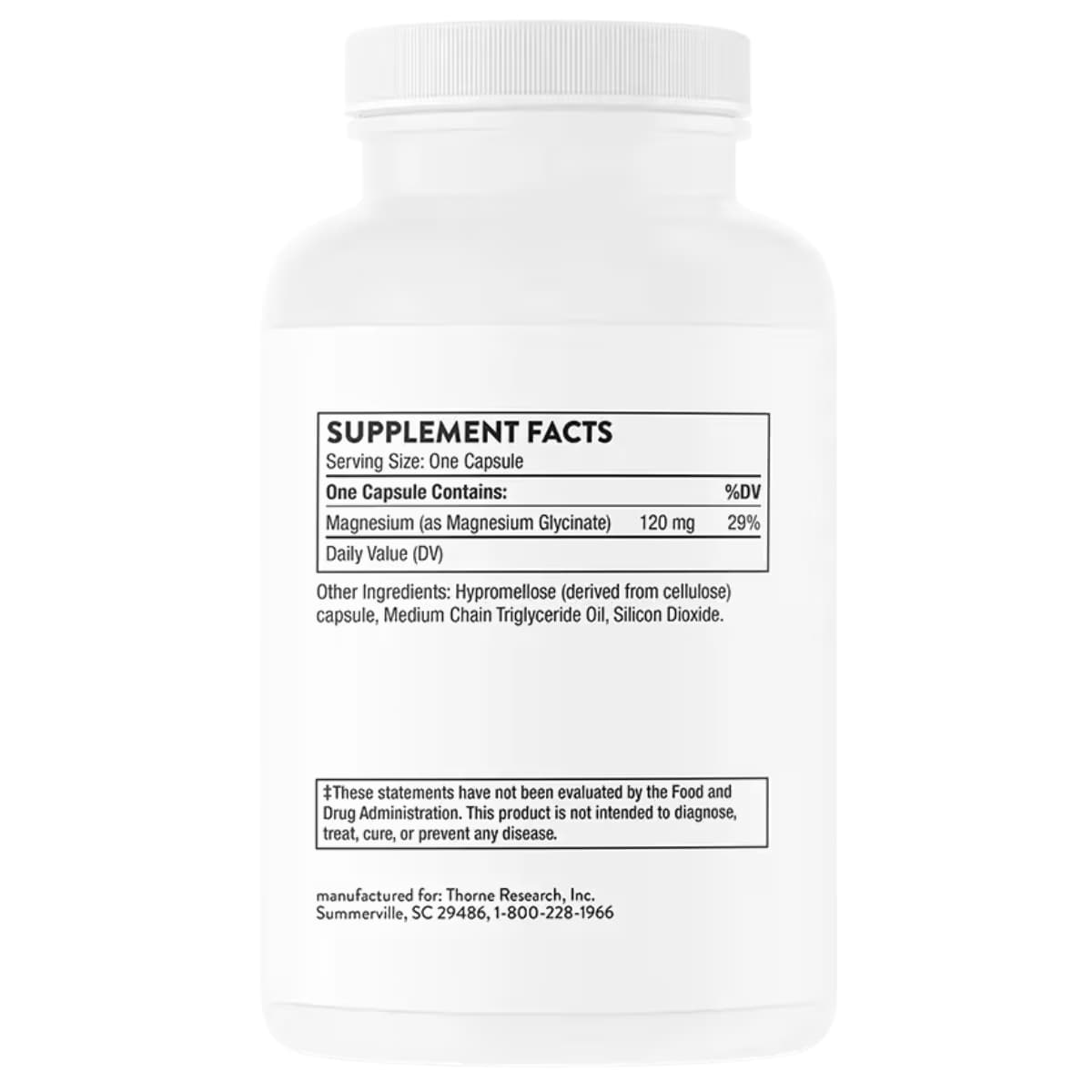 Información del suplemento de THORNE glicinato de magnesio 180 cápsulas con 120 mg de magnesio por cápsula.