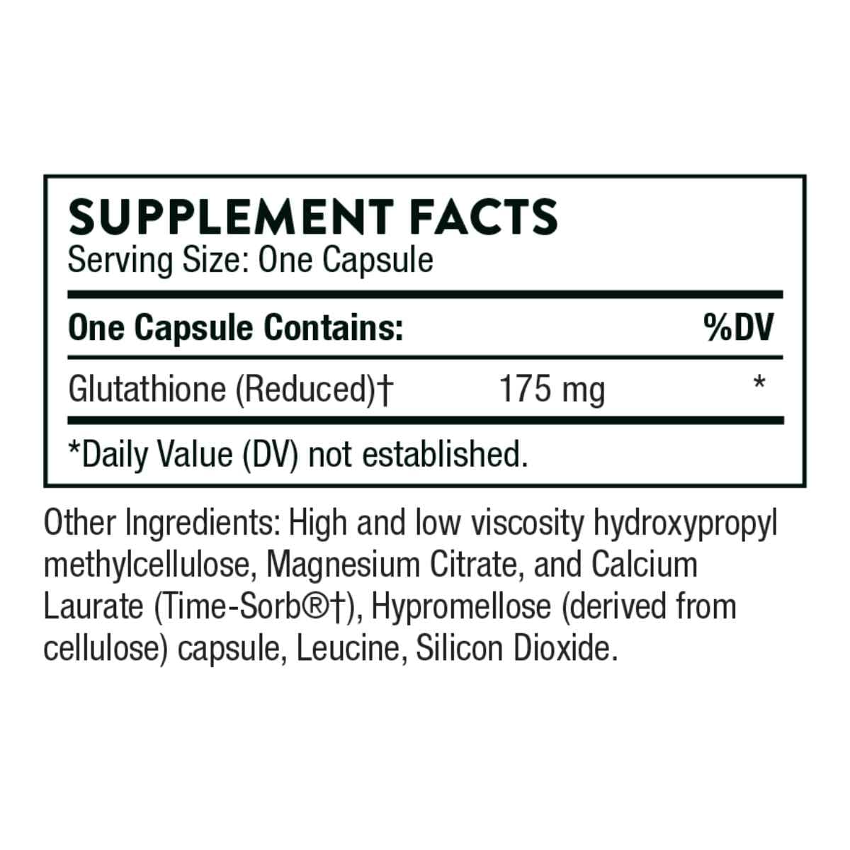 Tabla nutricional del suplemento Thorne Glutathione-SR 60 cápsulas