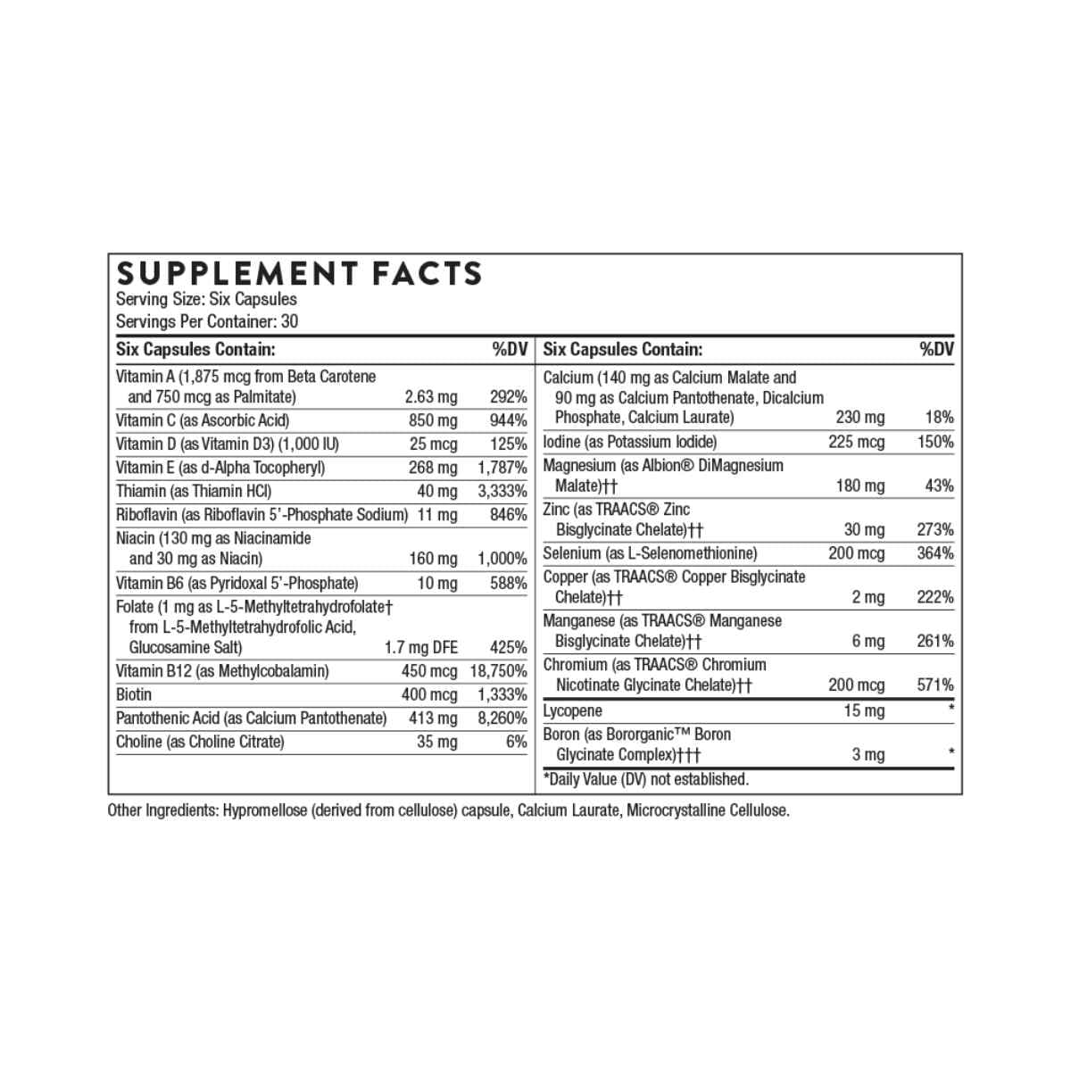 Tabla nutricional del suplemento Thorne Men's Multi 50+ 180 cápsulas
