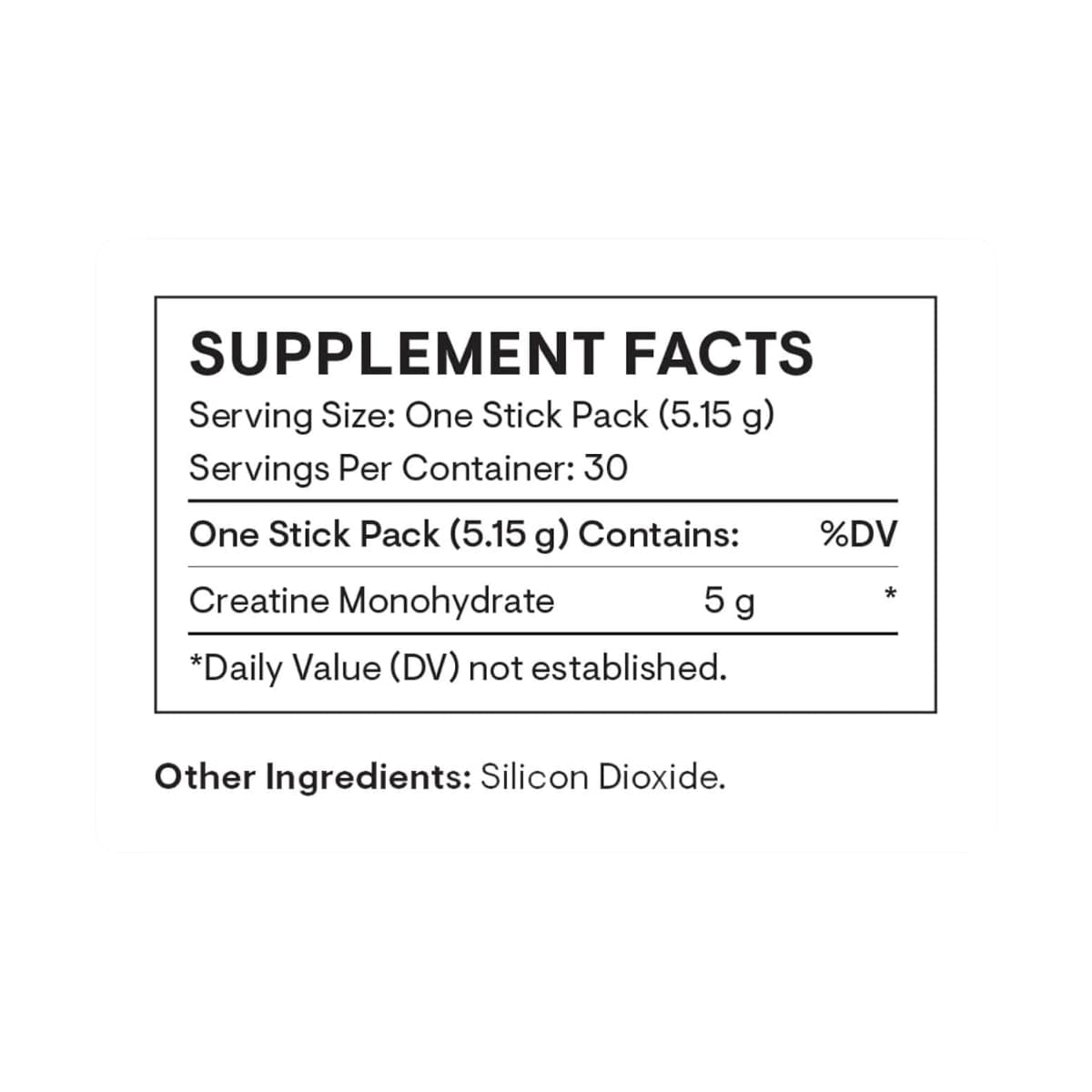 Tabla nutricional del suplemento Thorne Monohidrato de Creatina sin sabor 30 paquetes individuales