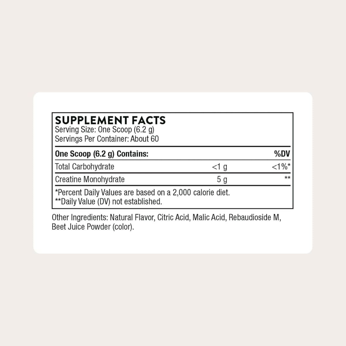 Tabla nutricional del suplemento Thorne Monohidrato de Creatina sabor Fresa 372 g