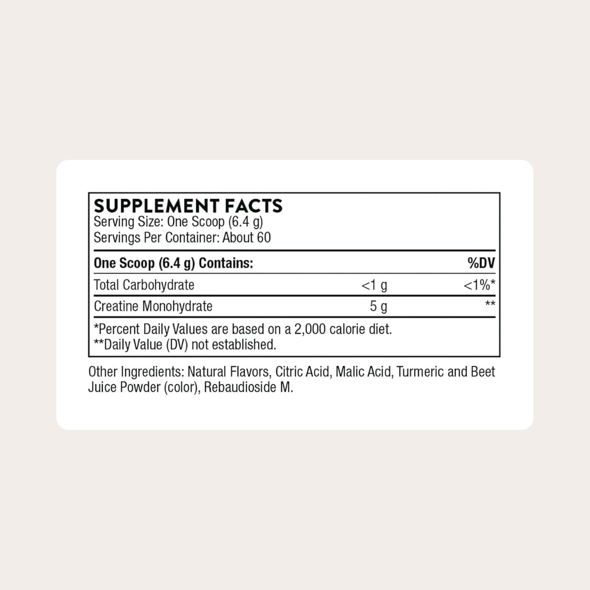 Tabla nutricional del suplemento Thorne Monohidrato de Creatina sabor Piña Naranja 384 g