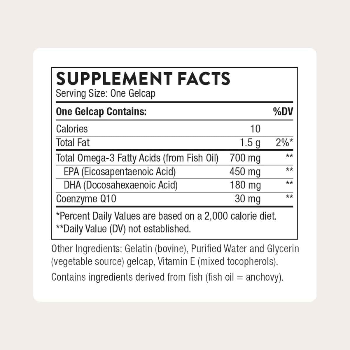 Información del suplemento THORNE Omega 3 con CoQ10 EPA DHA y Coenzima Q10