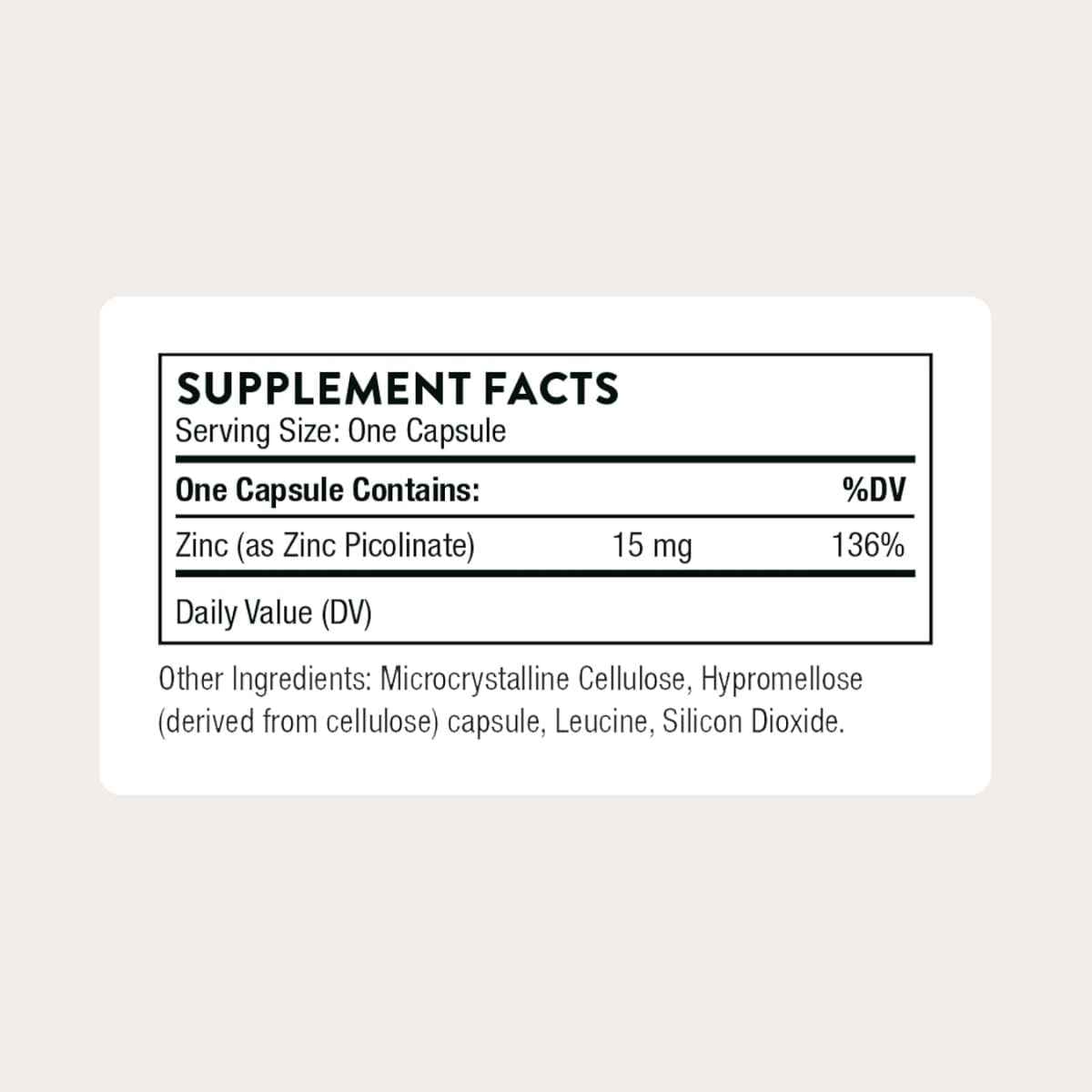 Tabla nutricional del suplemento Thorne Picolinato de Zinc 15 mg 60 cápsulas