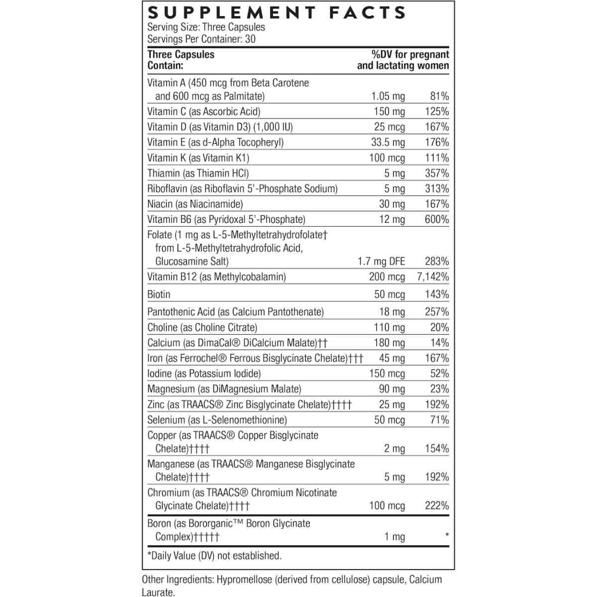 Tabla nutricional del suplemento Thorne Prenatal Básico 90 cápsulas