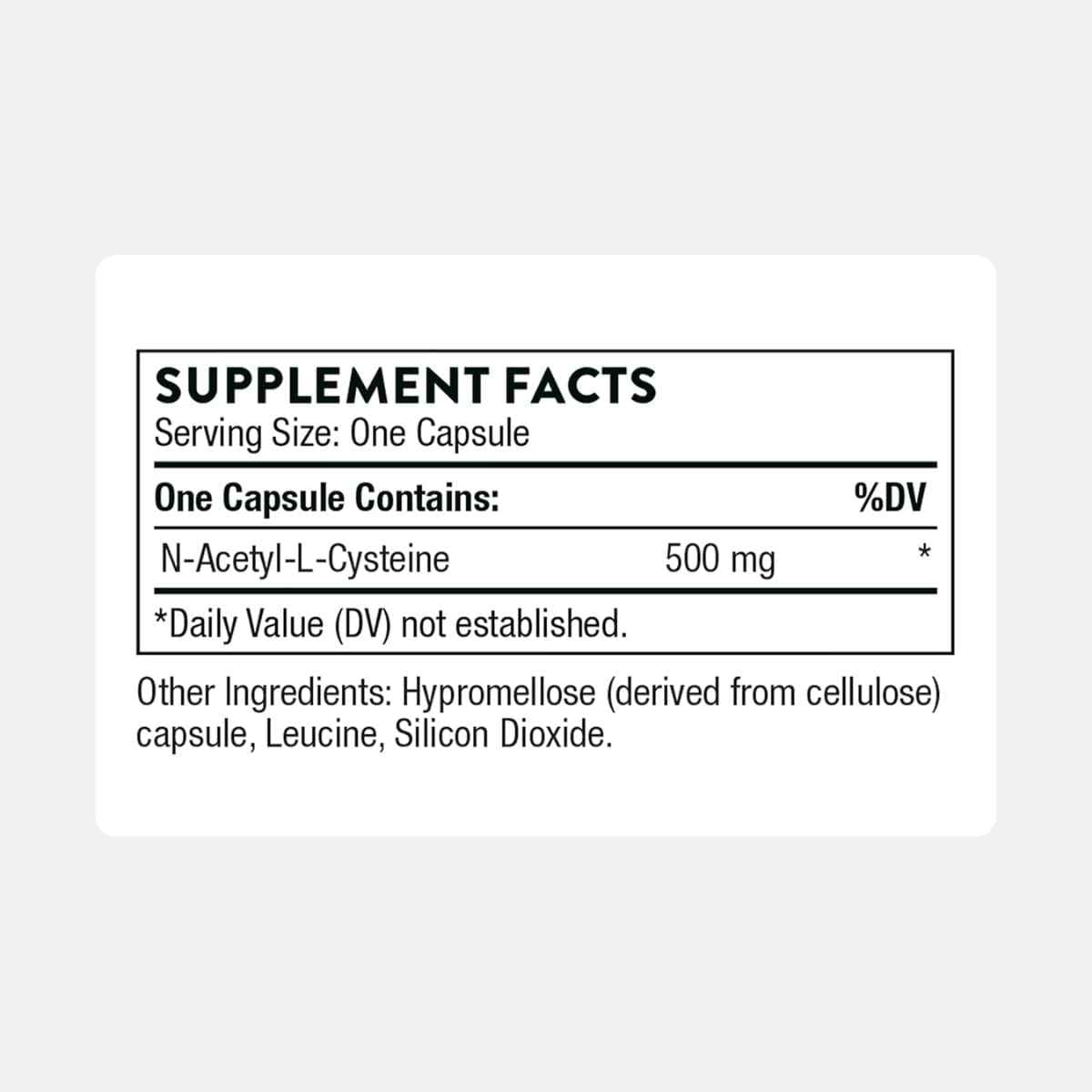 Tabla nutricional del suplemento Thorne Research N-Acetilcisteína 90 cápsulas