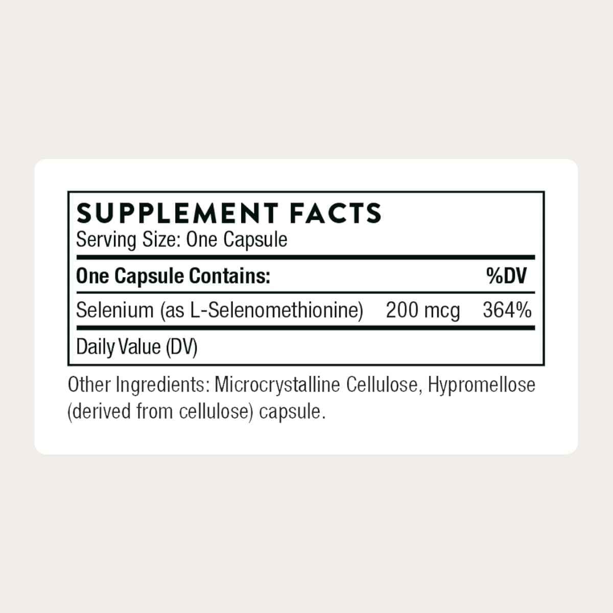 Tabla nutricional del suplemento Thorne Research Selenio 200 mcg 60 cápsulas