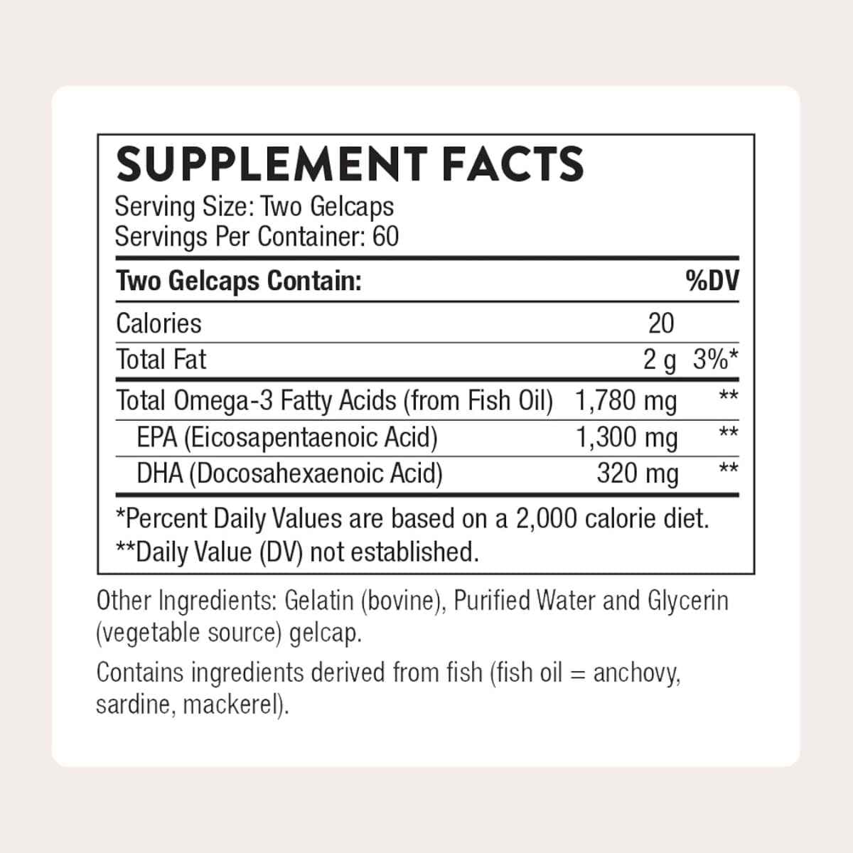 Información del suplemento THORNE Super EPA Pro 1300 mg EPA 320 mg DHA