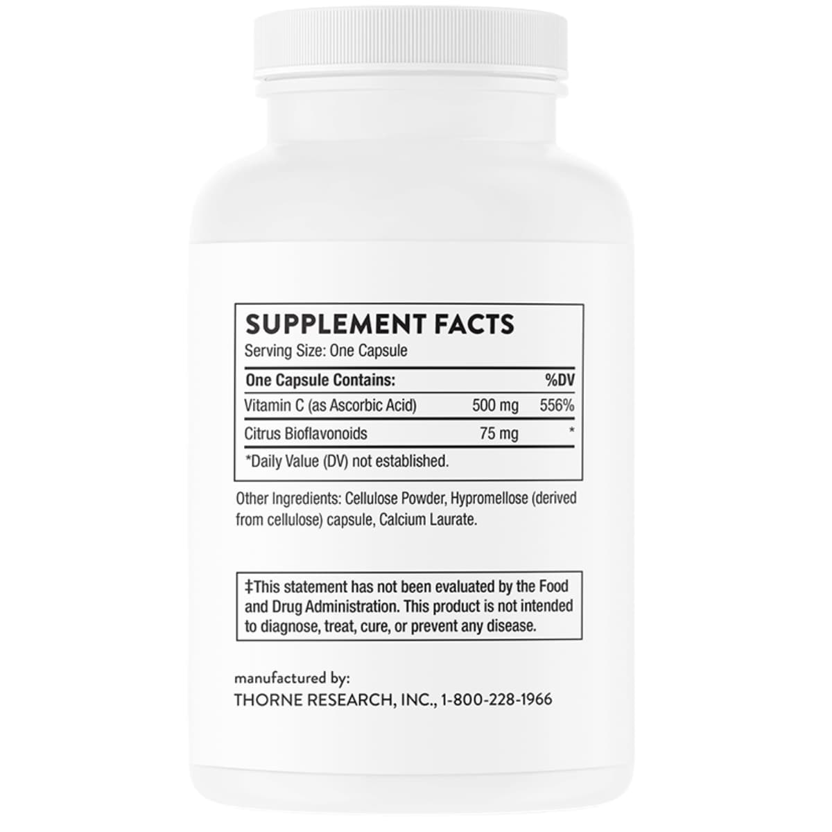 Tabla nutricional del suplemento Thorne Vitamina C con Flavonoides 500 mg 90 cápsulas