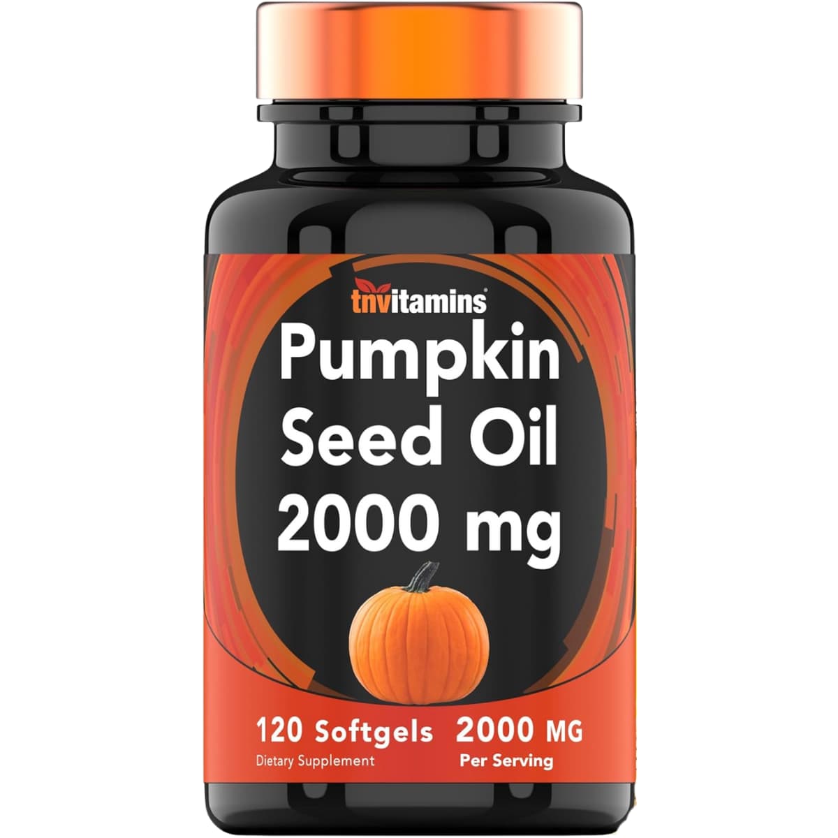 Frasco de suplemento tnvitamins Aceite de Semilla de Calabaza 120 cápsulas blandas