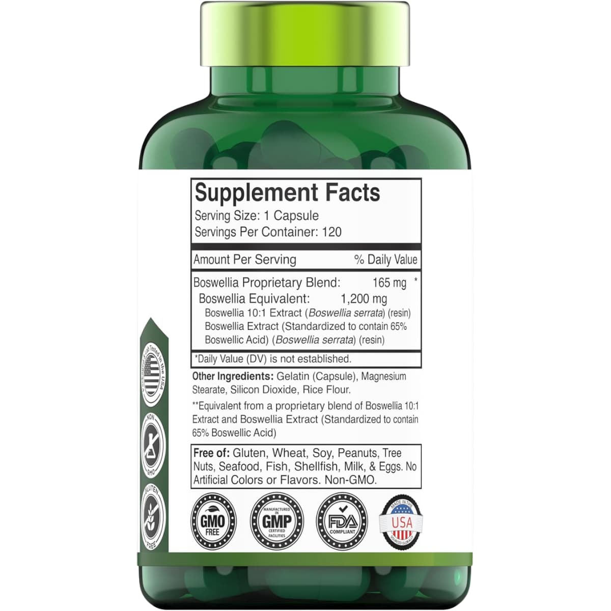 Tabla nutricional del suplemento TNVitamins Boswellia Serrata 1200 mg 120 cápsulas