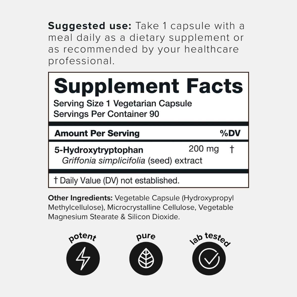 Tabla nutricional del suplemento Toniiq 5-HTP 90 cápsulas