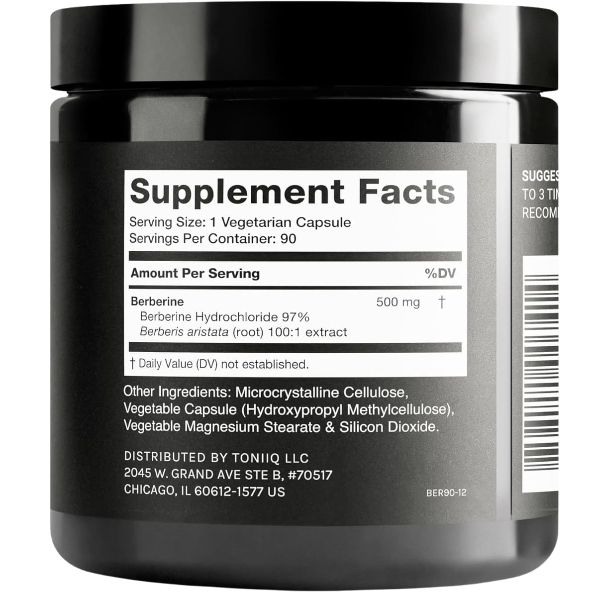 Tabla nutricional del suplemento Toniiq Berberina 90 cápsulas