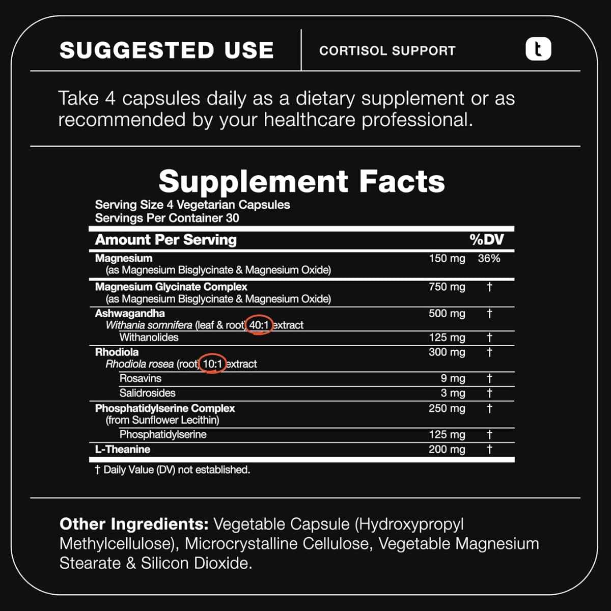 Tabla nutricional del suplemento Toniiq Cortisol Support 120 cápsulas