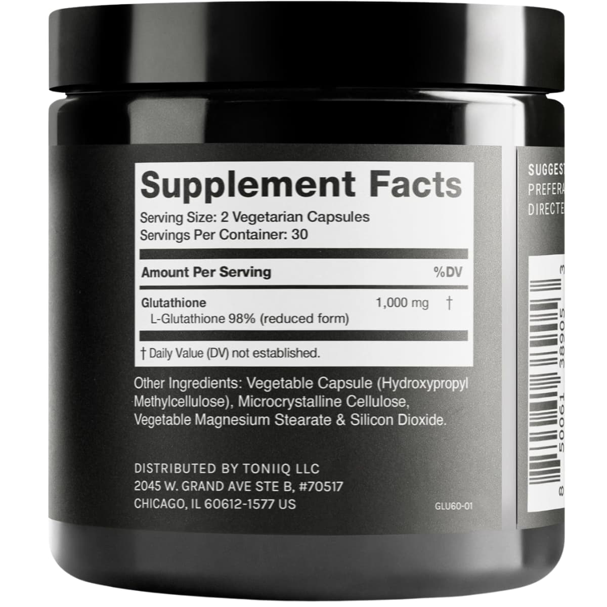 Tabla nutricional del suplemento Toniiq L-Glutatión 1000 mg 60 cápsulas