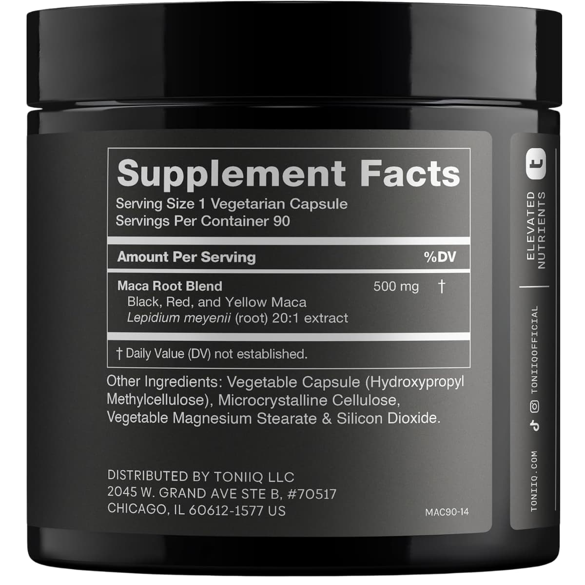 Tabla nutricional del suplemento Toniiq Maca 500 mg 90 cápsulas