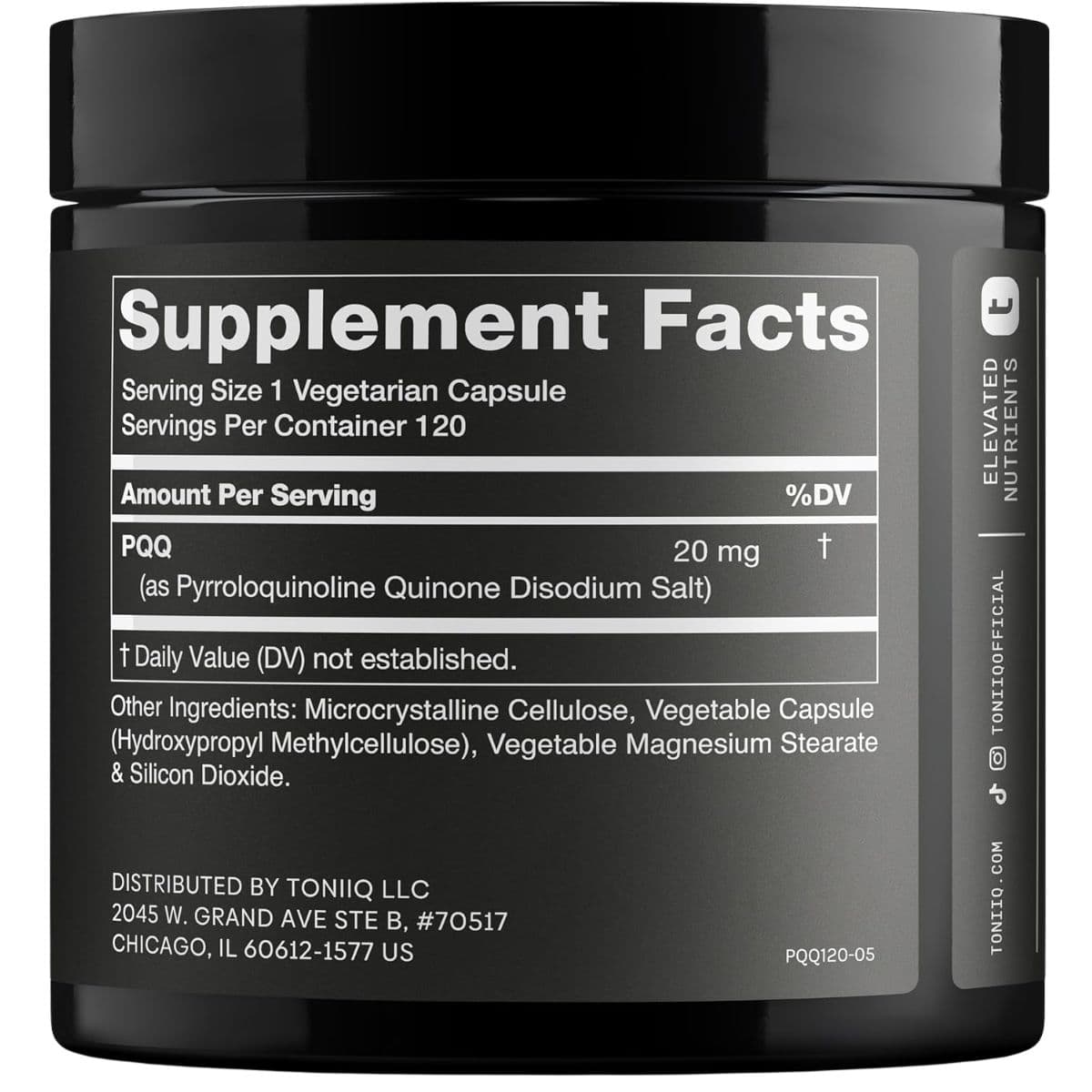 Tabla nutricional del suplemento Toniiq PQQ 120 cápsulas