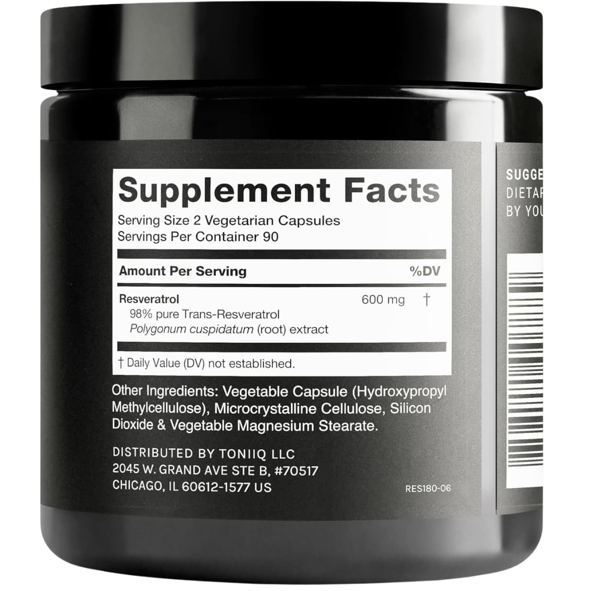 Etiqueta del frasco Toniiq resveratrol 600 mg, 180 cápsulas vegetarianas