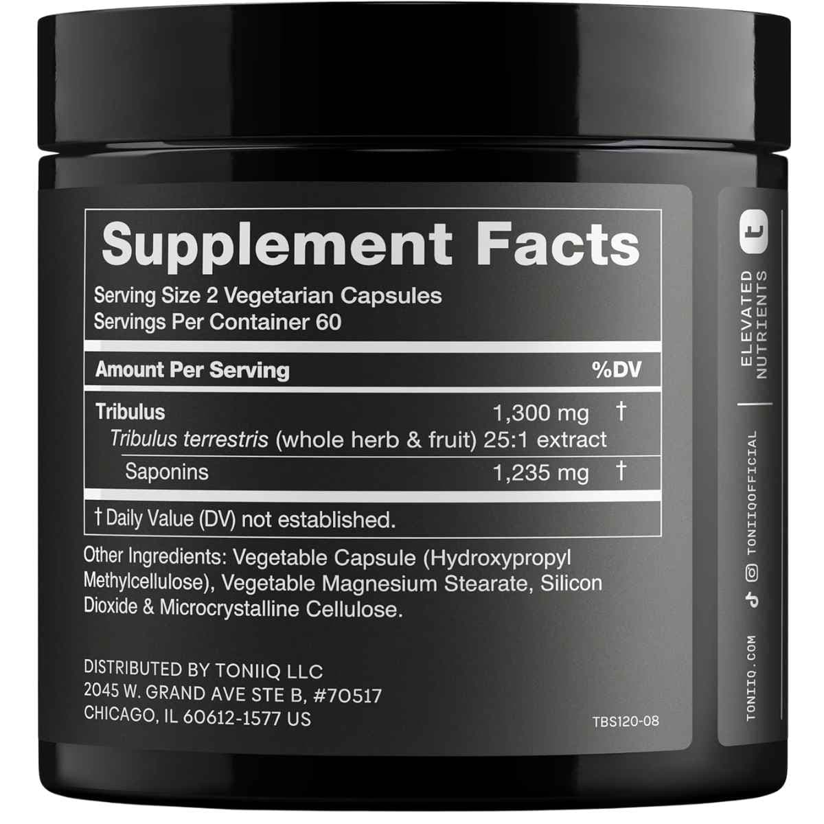 Tabla nutricional del suplemento Toniiq Tríbulos Terrestre 1300 mg 120 cápsulas