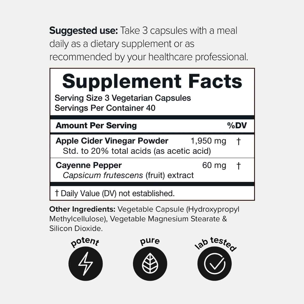 Tabla nutricional del suplemento Toniiq Vinagre de Sidra de Manzana 120 cápsulas.