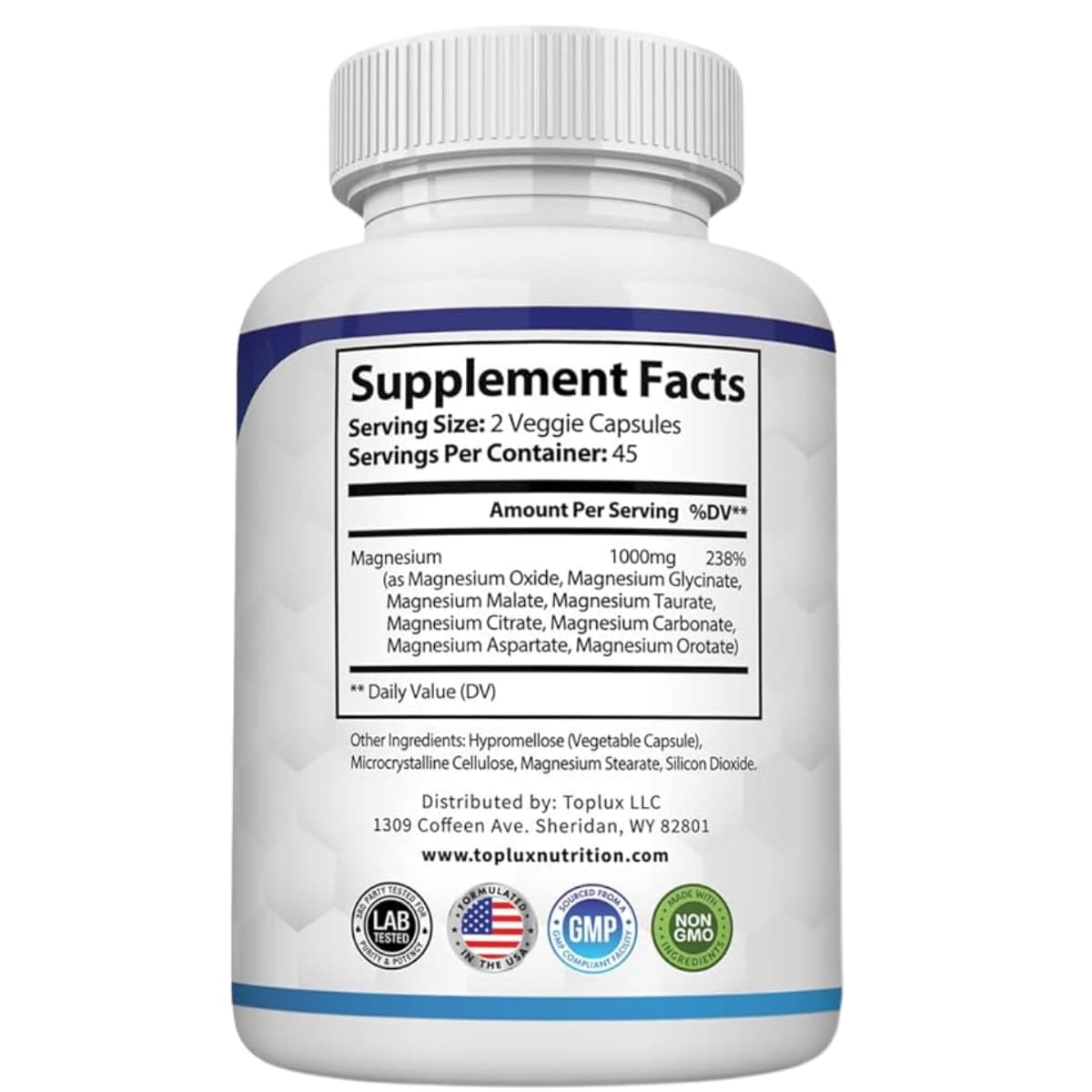 Información del suplemento de Toplux Nutrition complejo de magnesio 1000 mg, 90 cápsulas